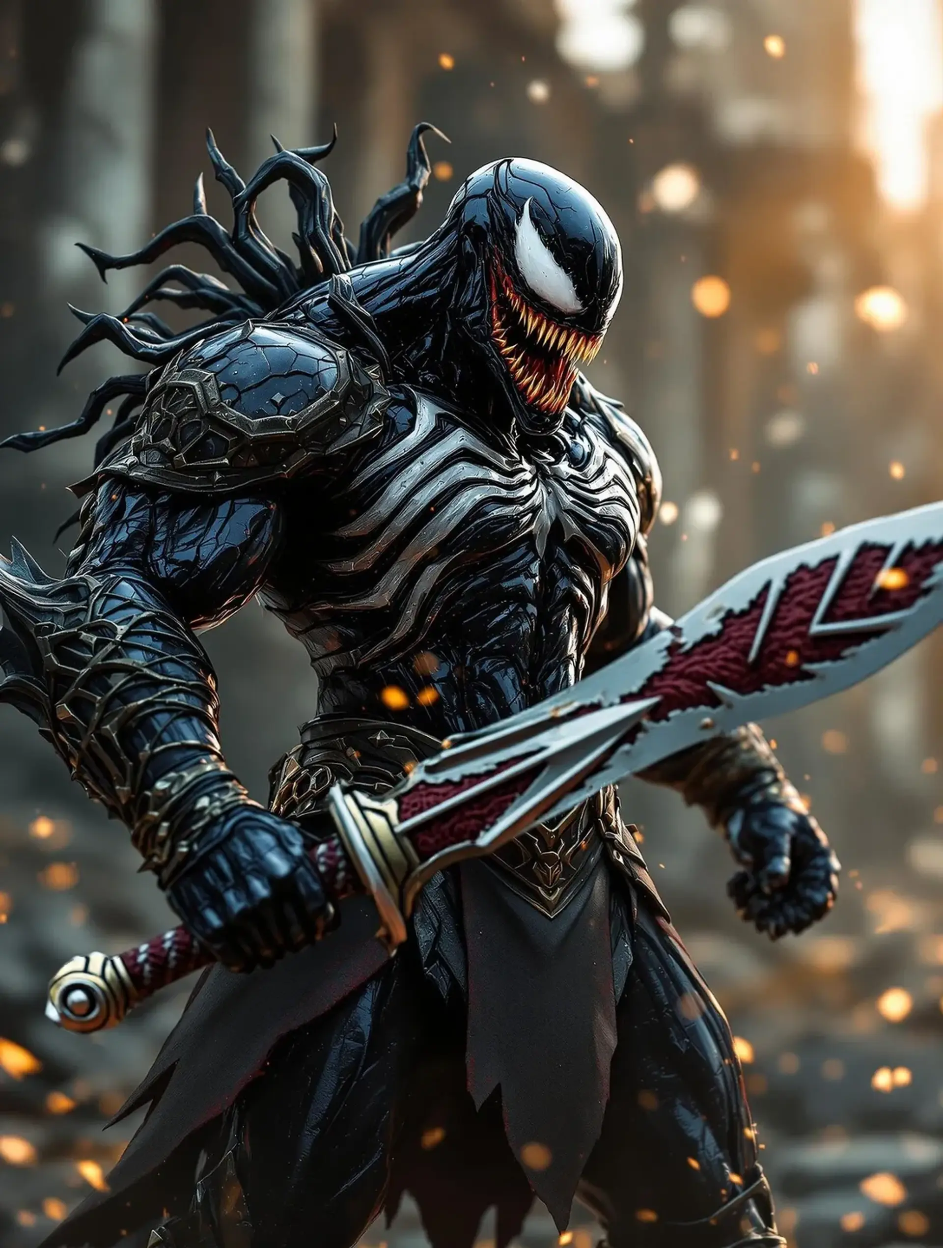 In a stunning photorealistic portrayal, Venom as a DnD Barbarian exudes raw power. Wielding a symbiote-infused sword and axe, he stands fierce with intricate details and dynamic effects illuminating his muscular form. The high-definition artwork captures the essence of chaos and strength, embodying the barbarian spirit.