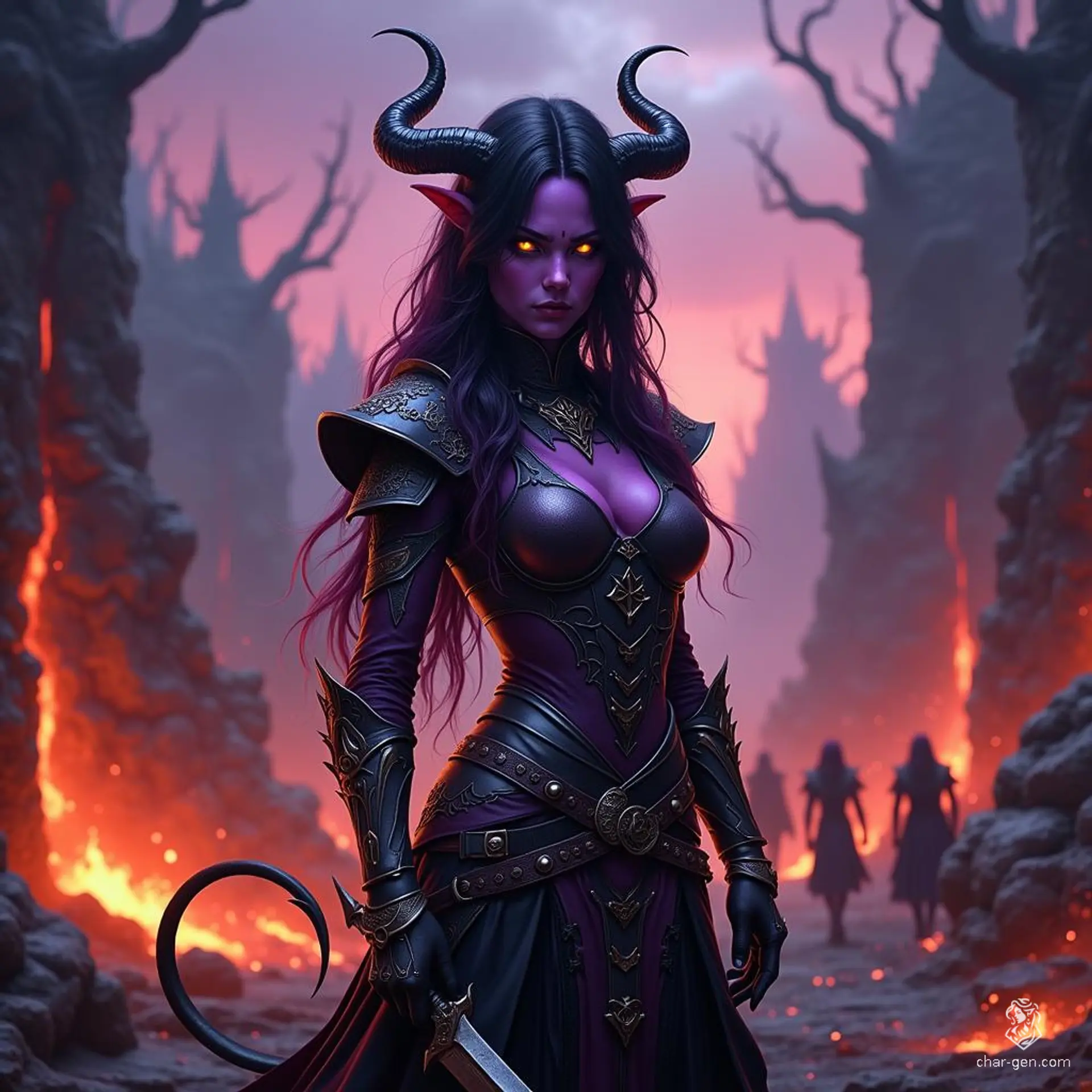 Criella The Fallen, a cunning half-human tiefling warlock, stands at 6 feet tall with striking purple skin and jet-black hair. Dagger in hand, she radiates arcane power, charming yet chaotic. A product of a harsh mentor, she fiercely values her independence but won’t hesitate to flee when danger looms.