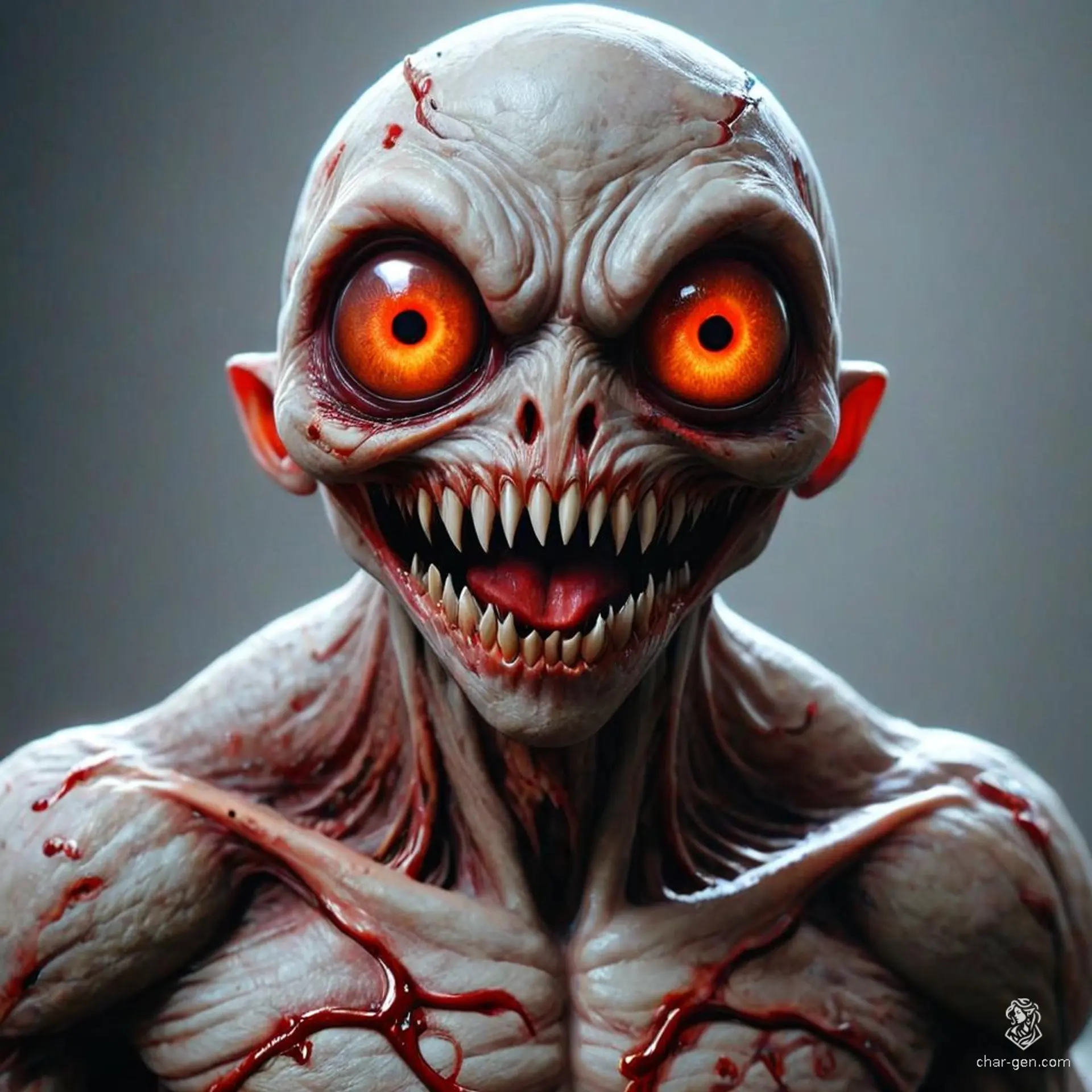 A cartoonish fantasy creature with a tall, thin build and smooth orange skin. It has large, half-open red bloodshot eyes with dark circles, an underbite with visible teeth, and antenna-like structures on its head. It exudes an air of tiredness or apathy.