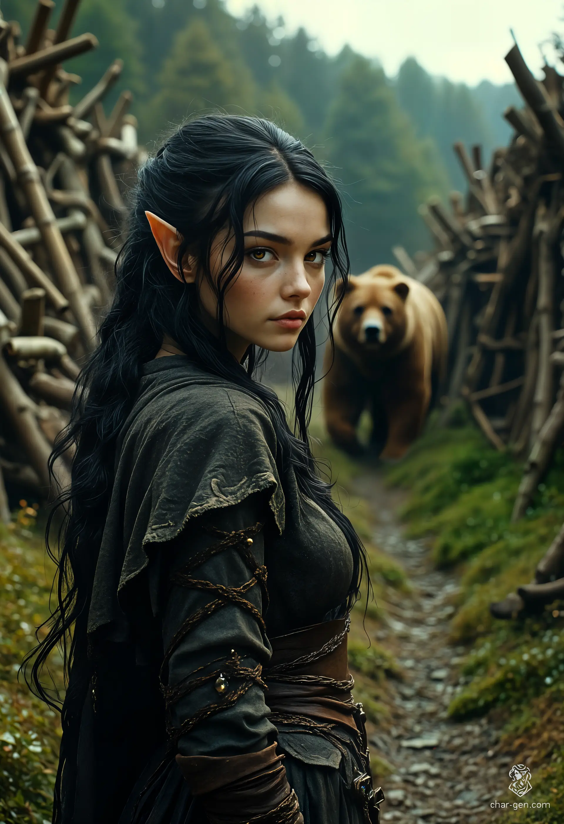 Vex'ahlia, a nimble half-elf ranger, navigates the shadows of the woods with unmatched agility. Abandoned and misunderstood, she finds solace in nature and companionship with a bear. At 21, with jet-black hair and keen brown eyes, she thrives as a skilled hunter, embracing her outlander spirit.