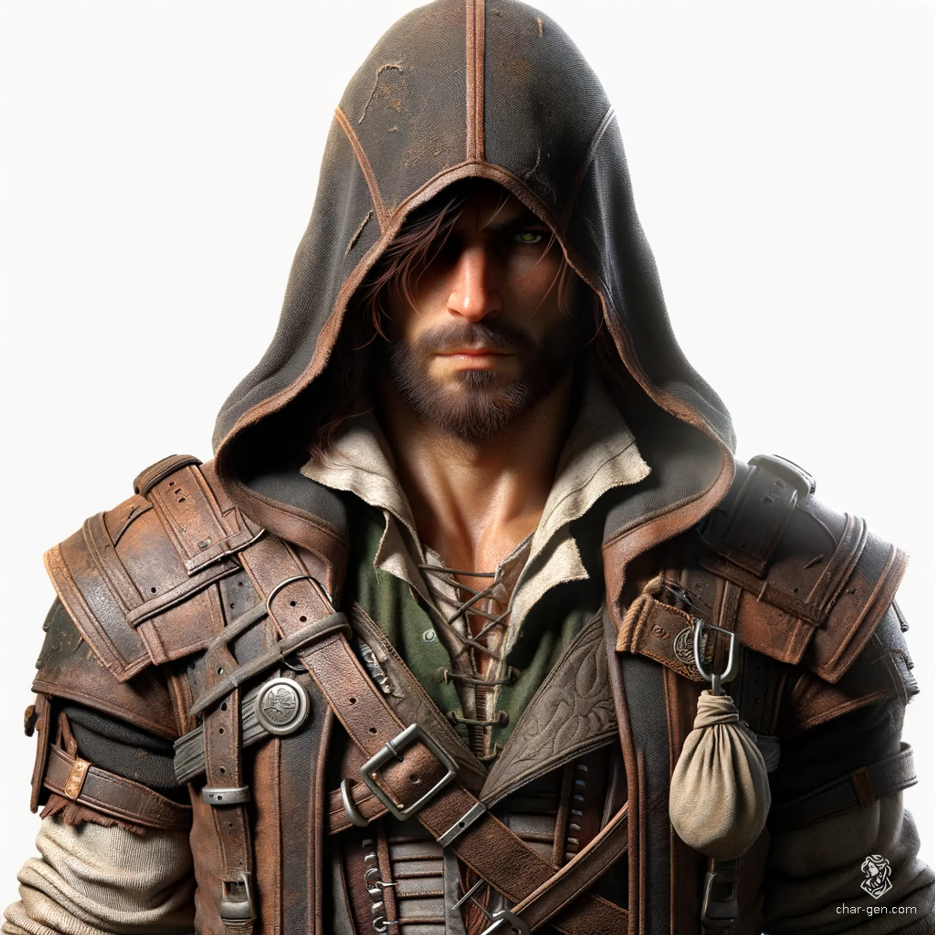 A faceless rogue dwarf clad in tattered leather armor, he moves with a light-footed grace, shrouded in a hood. As a hardened outlaw and cunning bandit, he carries a pouch of stolen coins, embodying the shadowy essence of his treacherous trade.