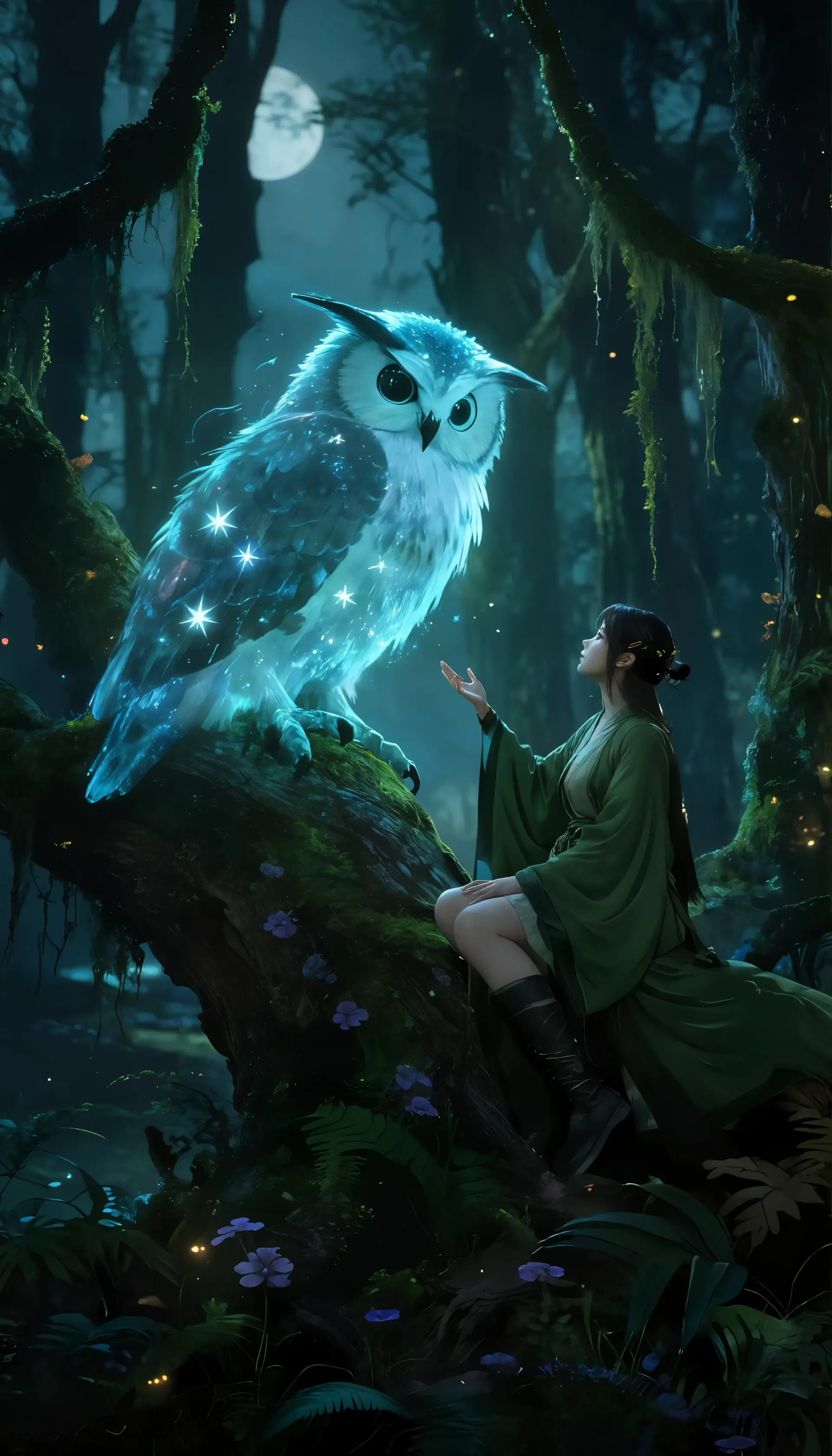 Moonlit and serene, a young woman in forest‑green robes sits cross‑legged on an ancient root, palm outstretched to a luminous, star‑feathered spectral owl. In the moss‑draped grove she commands gentle lunar magic, a peaceful guardian entwined with the forest’s quiet mysteries.