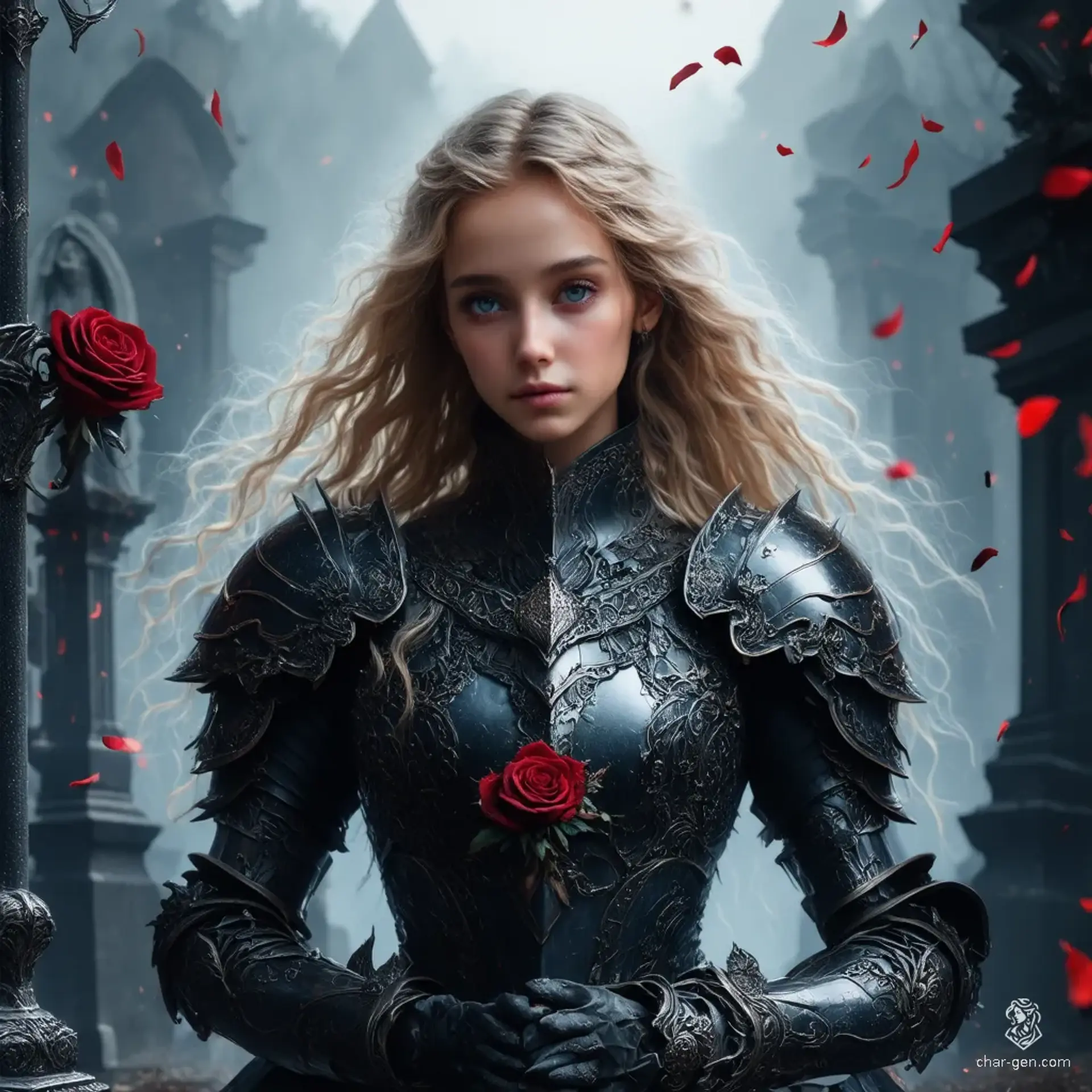 Maya, a 17-year-old Aasimar Warlock, embodies celestial grace and dark mystique. With refined elven features, flowing blonde hair, and unusual colored eyes, she commands attention. Her intricate leather armor blooms with black roses and vines, while her dark wings and the Rosensichel dagger exude enchanting power amidst swirling rose petals, hinting at her divine resurrection.