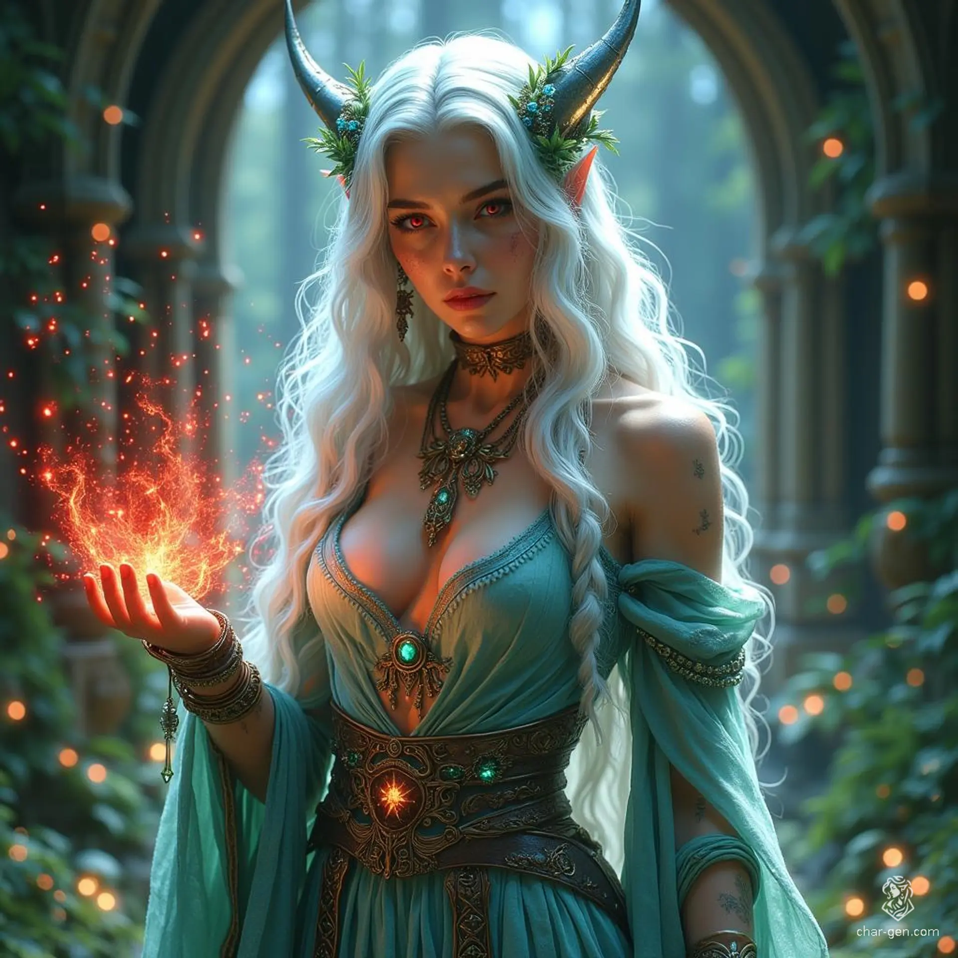Elara, the Feybound Warlock, embodies elegance and power with her long, white hair adorned with flowers and red eyes that pierce the veil of reality. Cloaked in intricate fabrics and silver armor, she wields glowing red magic, forging bonds with mystical creatures in enchanted realms while standing ready for battle against shadowy foes.