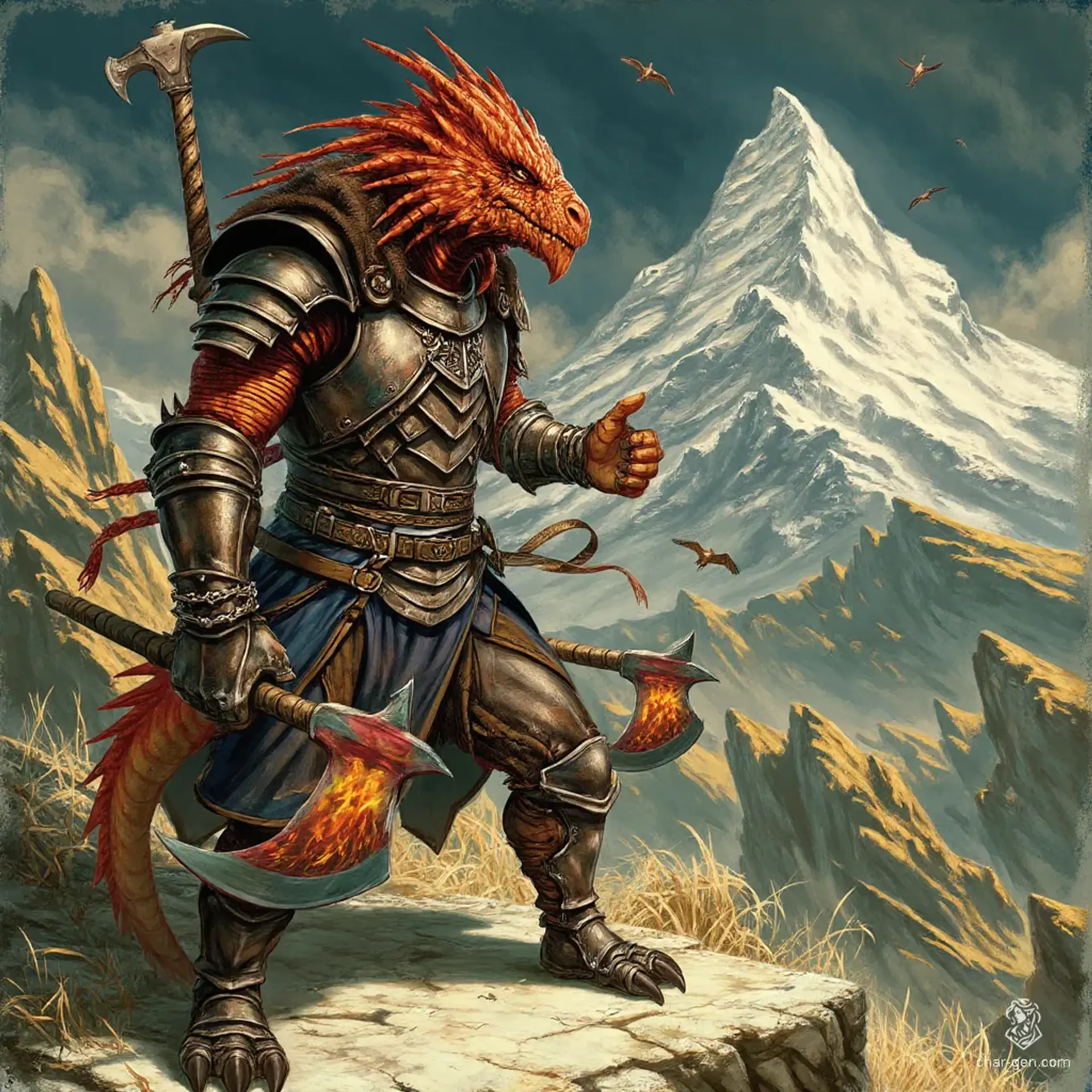 Fightras, a formidable 13-year-old red dragonborn barbarian, commands nature with fierce wisdom. Standing 6'5" and 305 pounds, his crimson scales shimmer, while his amber eyes blaze with power. Clad in spiked armor and wielding a flame-tongue great axe, he embodies both strength and the wild spirit of a druid.