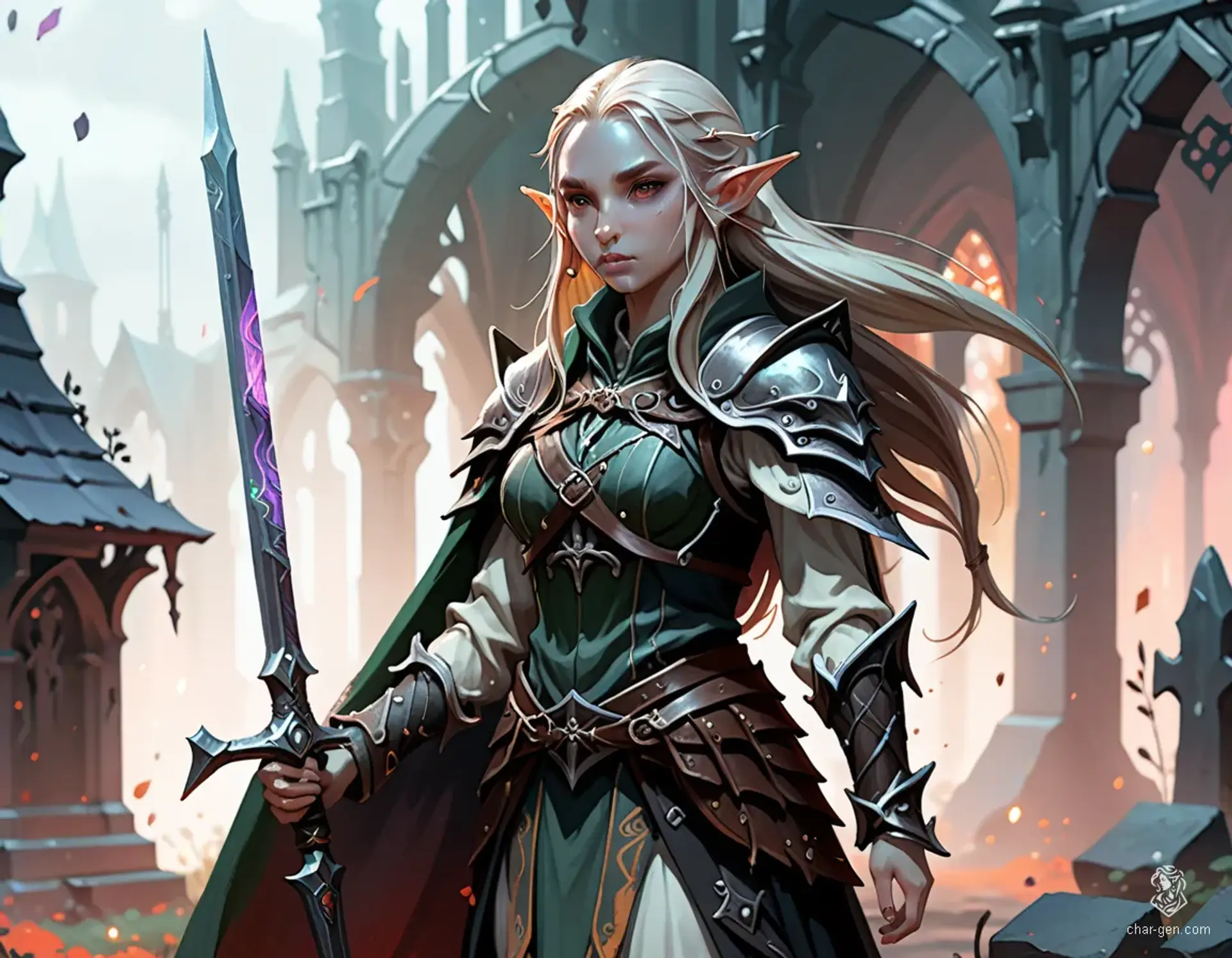 A fair-skinned elven paladin charges into battle, her dignified aura radiant beneath heavy armor. Wielding a massive greatsword, she strikes fiercely against rusted skeleton warriors. Her dynamic, cinematic stance embodies unwavering protection and noble crusader spirit in this stunning masterpiece scene.