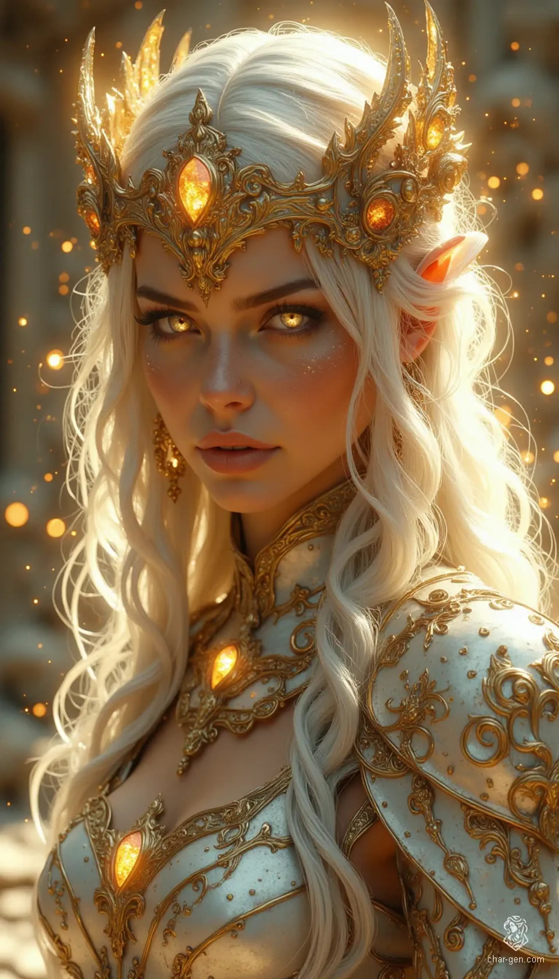 A breathtaking fantasy entity, she embodies ethereal beauty with glowing pale blue eyes and shimmering white hair. Adorned in intricate, golden leaf-like embellishments and crystalline armor, she radiates a magical aura. Dynamic lighting enhances her flawless skin, creating a captivating portrait of elegance and mystery.