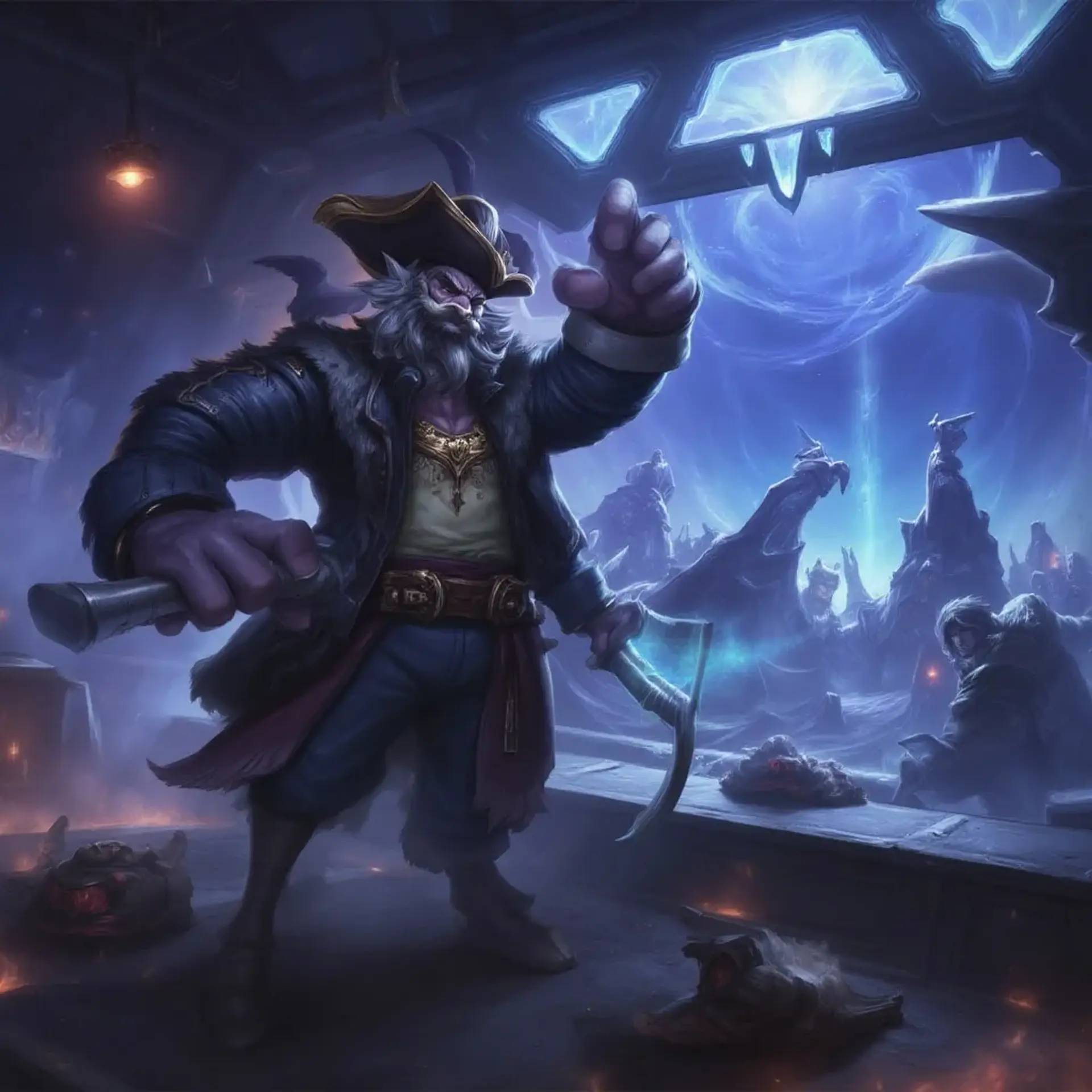 A fair-skinned loxodon warlock pirate in his 30s stands on a spaceship bridge, arcane sigils glowing around him. With a pixie-cut hairstyle, tricorn hat, and cutlass in hand, he gazes through the forward window, eyes set on hidden treasures drifting in the vastness of space.