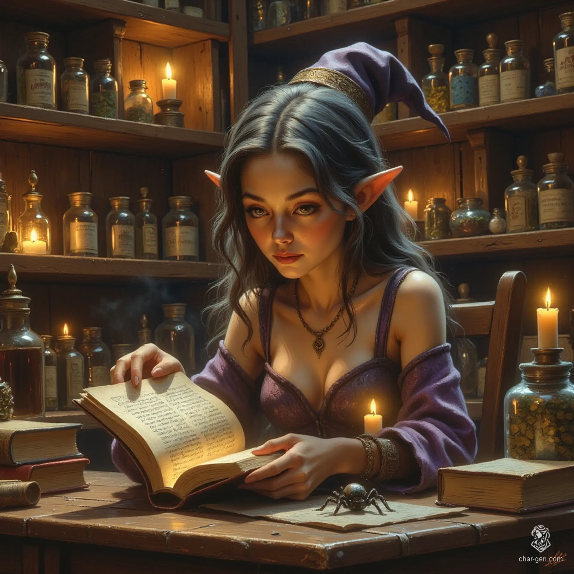 Maryam, the Apothecary Witch, is a wise, cute elf with tanned skin and graceful wrinkles that hint at her age. With topaz eyes and flowing hair streaked with grey, she immerses herself in her alchemical lab, while her ethereal spider familiar gives her company, embodying curiosity and care amidst a cozy, mystical atmosphere.