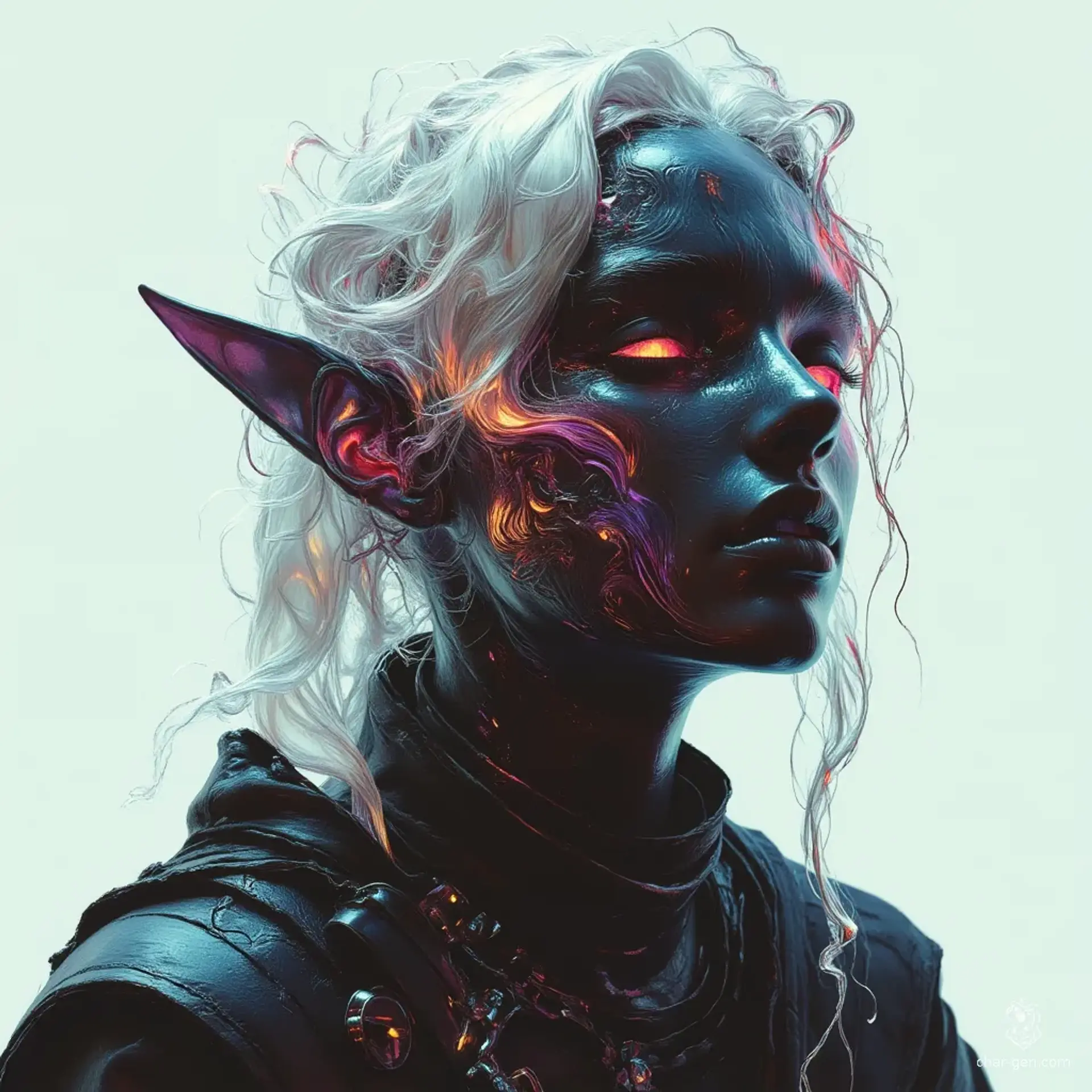 A strikingly attractive middle-aged drow female, she possesses smooth coal-black skin and long, flowing white hair. Clad in simple black monk attire, her form is adorned with vibrant Gulal powder, creating a striking contrast. Her piercing eyes and neutral expression hint at deep wisdom and untold stories.