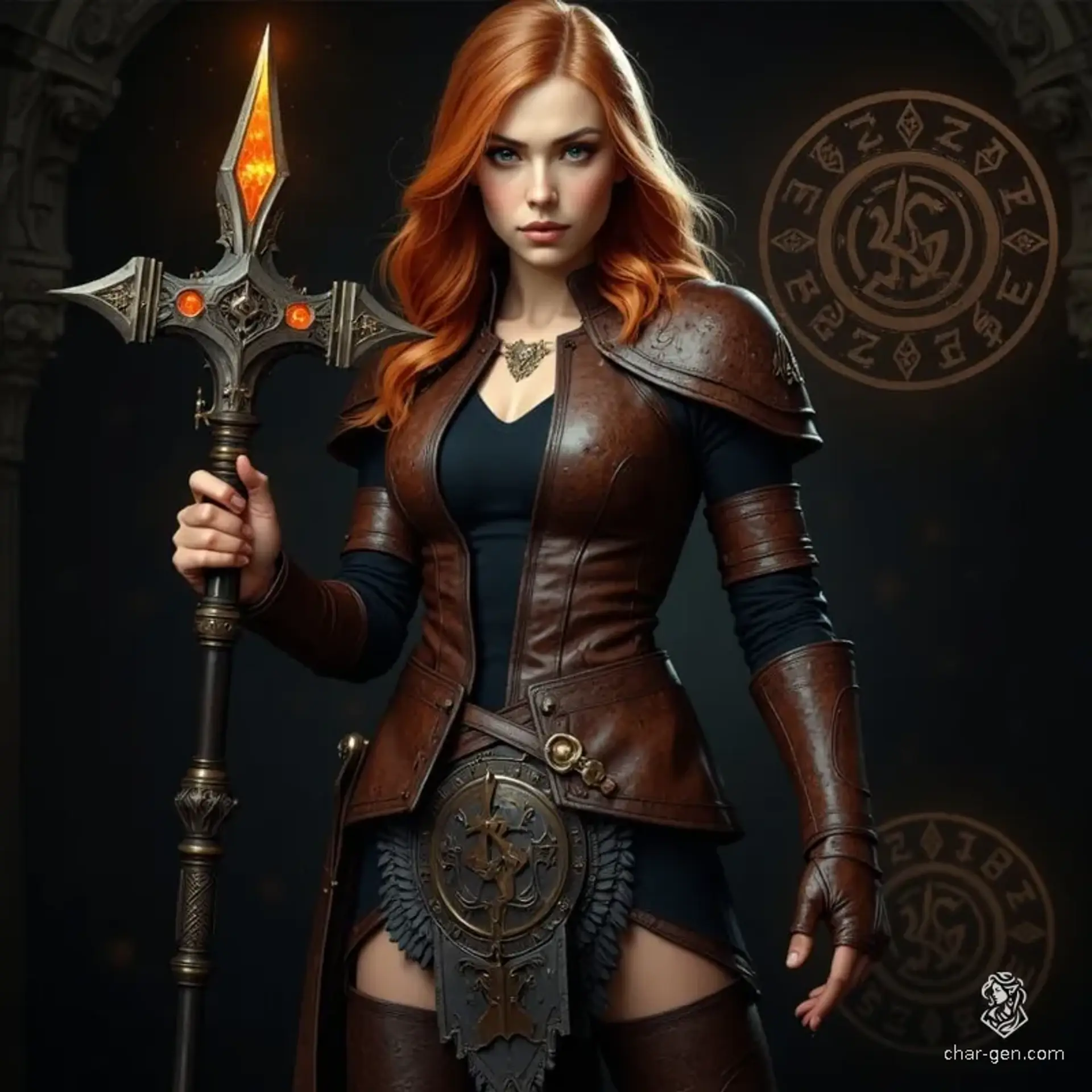 Aleira Emberstorm is a fierce young fire wizard, clad in finely crafted leather armor with glowing runes and divine symbols. Her flowing light orange hair and radiant magical staff highlight her mastery of flame, embodying both serene determination and fiery power.
