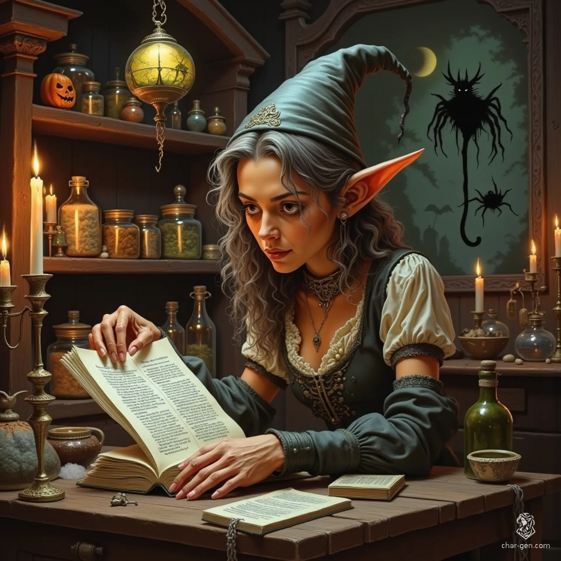 Maryam, an enchanting apothecary witch, is an older elf with tanned skin and twinkling topaz eyes. Her shoulder-length, tea-colored hair, streaked with grey, complements her warm, knowledgeable demeanor. Surrounded by potions and herbs, she exudes competence and care, accompanied by her whimsical spider-shaped ghost familiar.