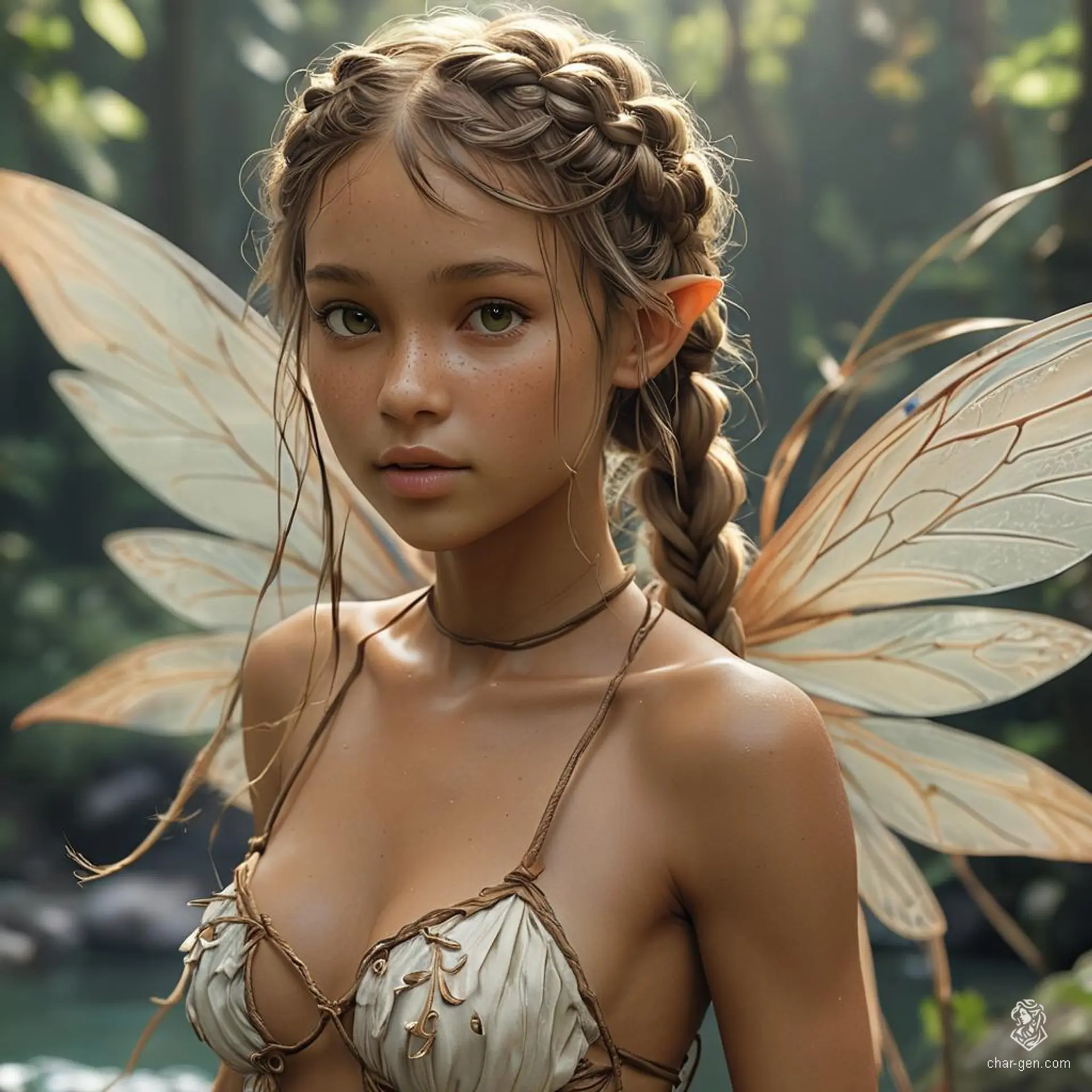 A small, ethereal, tan-skinned female humanoid with translucent wings and elfin features. Despite her delicate appearance, she embodies a wild and rugged barbarian spirit. Her braided hair and minimal attire accentuate her striking contrast between fairy-like grace and raw, untamed strength.