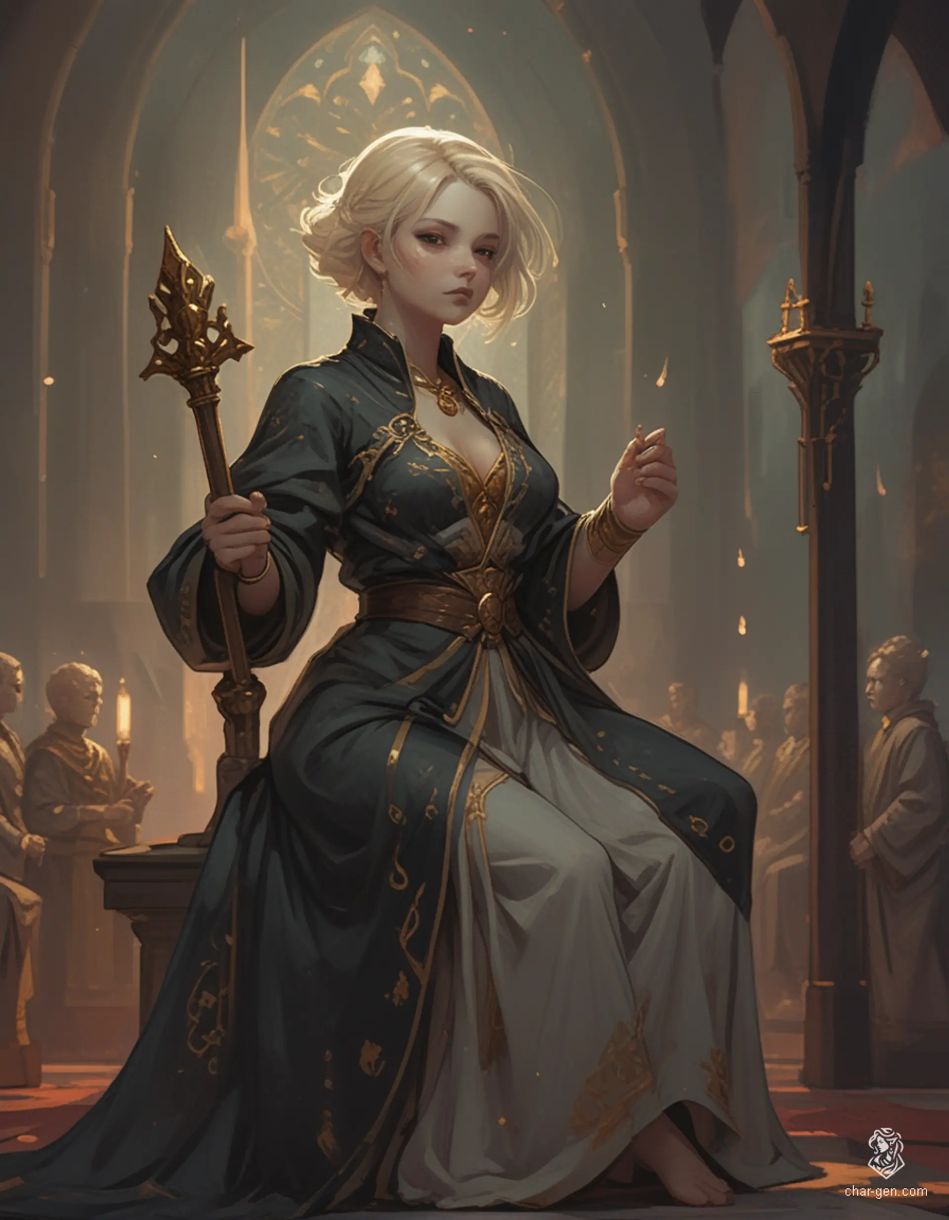 Loralyn, the serene Aasimar baroness, radiates an ethereal presence within her medieval throne room. With glowing golden eyes and golden skin, she embodies divine wisdom. Poised on her stone throne, she grips a quarterstaff as she prepares to defend her realm against the looming threat of evil fey.
