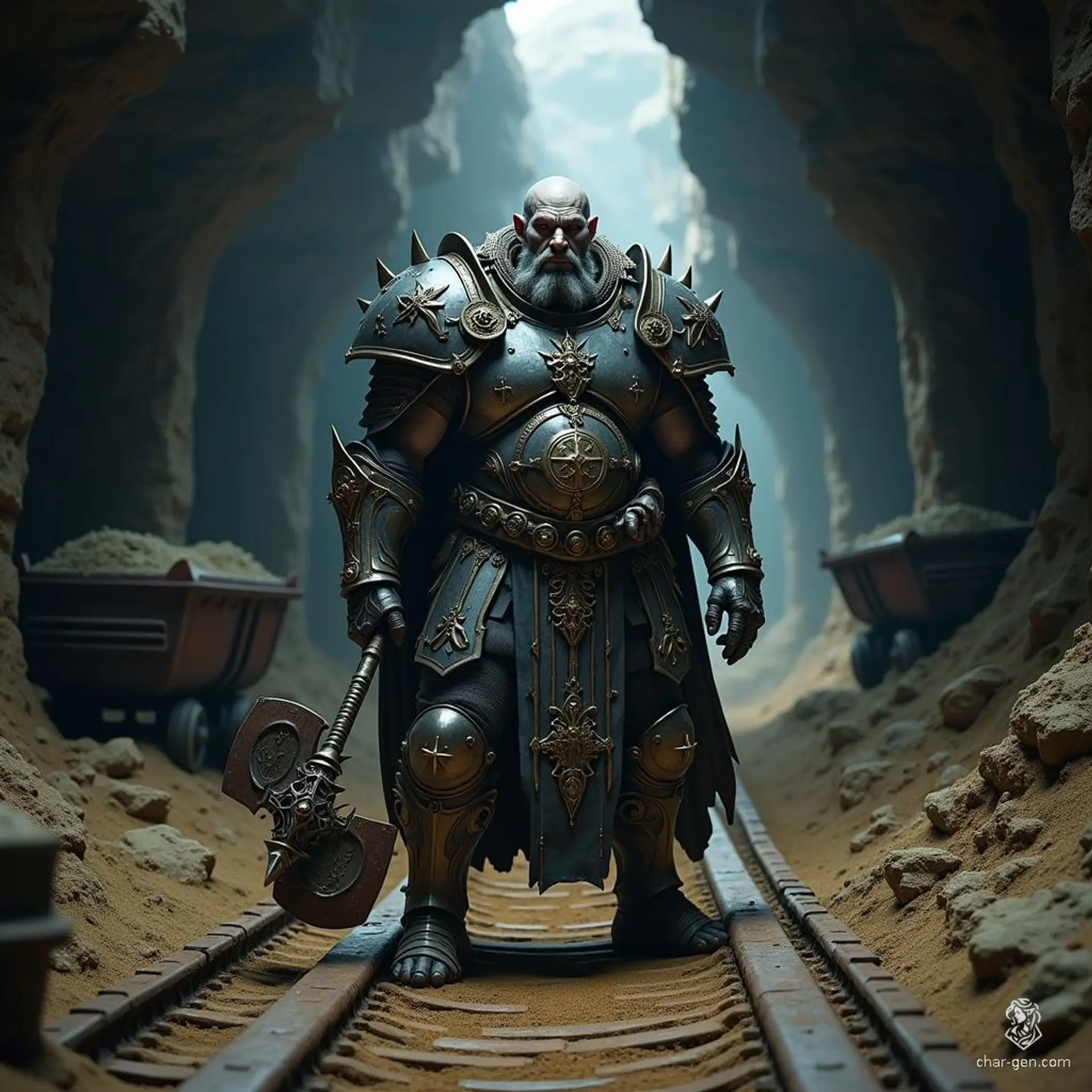 Gaugath Lightbourne is a wise half-giant cleric with grey skin and a serene demeanor. Standing tall and muscular, he wields a prominent warhammer and dons intricately detailed half-plate armor. With a bald head and a large nose, his iconic holy symbol glows with divine energy, reflecting his healing prowess.