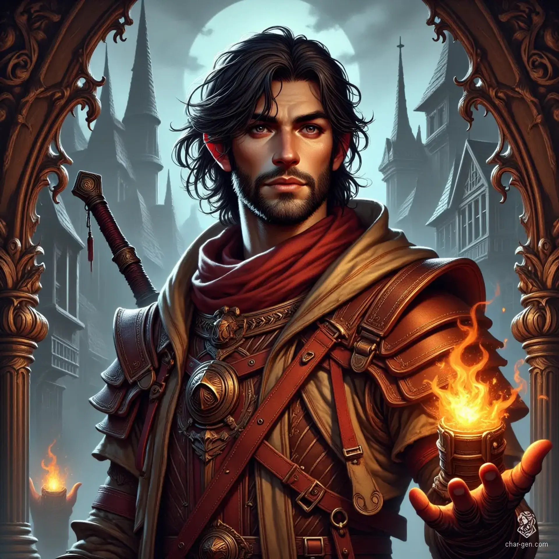 A striking male aasimar stands confidently in a vibrant fantasy realm, his dark hair framing a chiseled face illuminated by atmospheric lighting. With expressive eyes and intricate details, he embodies grace and determination, showcasing a blend of realism and stylized fantasy in his dynamic pose.