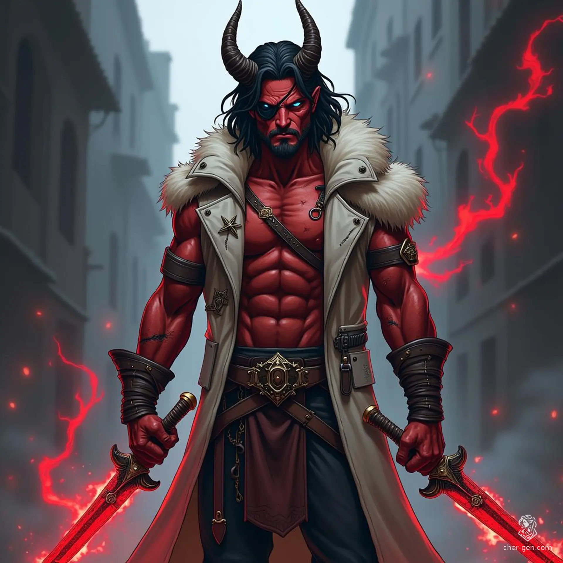 A battle-hardened Tiefling blood hunter in his 30s, this rugged warrior boasts deep red skin, glowing blue eyes, and an eyepatch. Adorned in a vampiric outfit inspired by barn owls, he wields twin swords crackling with red energy, embodying danger and expertise in a dark gothic city.