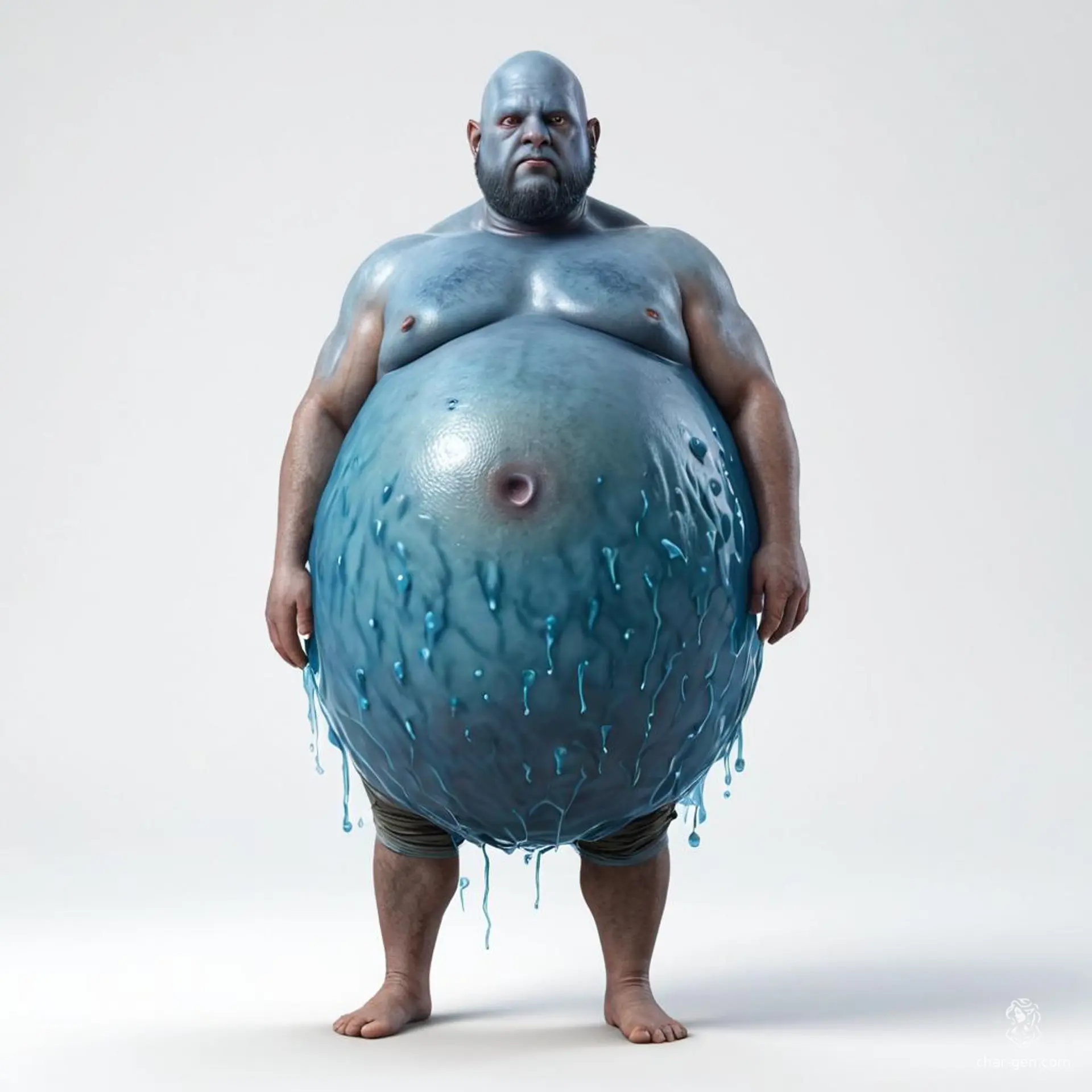 Plasmoid druid, a blue-skinned, jelly-like entity with a perfectly round shape and smooth surface. Bald and boasting a big belly, he commands natural elements and is accompanied by loyal animal companions, harmonizing his earthy essence with his unique form.