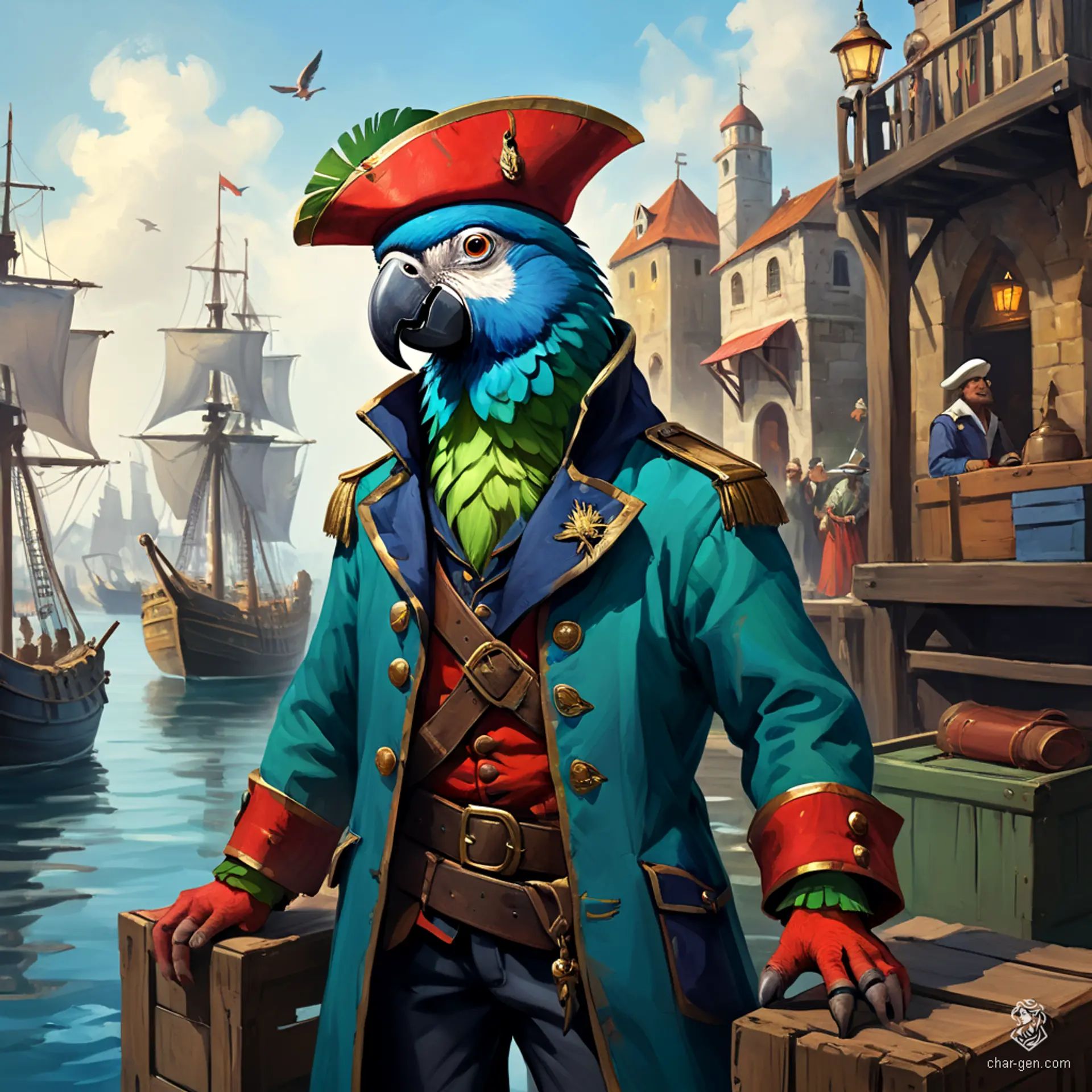 Captain Squawks is a flamboyant parrot seafarer donning a vibrant coat and tricorn hat, shimmering with colors of the sea. With jewelry adorning his wings, he stands proudly on crates, greeting the bustling harbor's patrons amidst ships and market stalls, embodying the spirit of adventure.