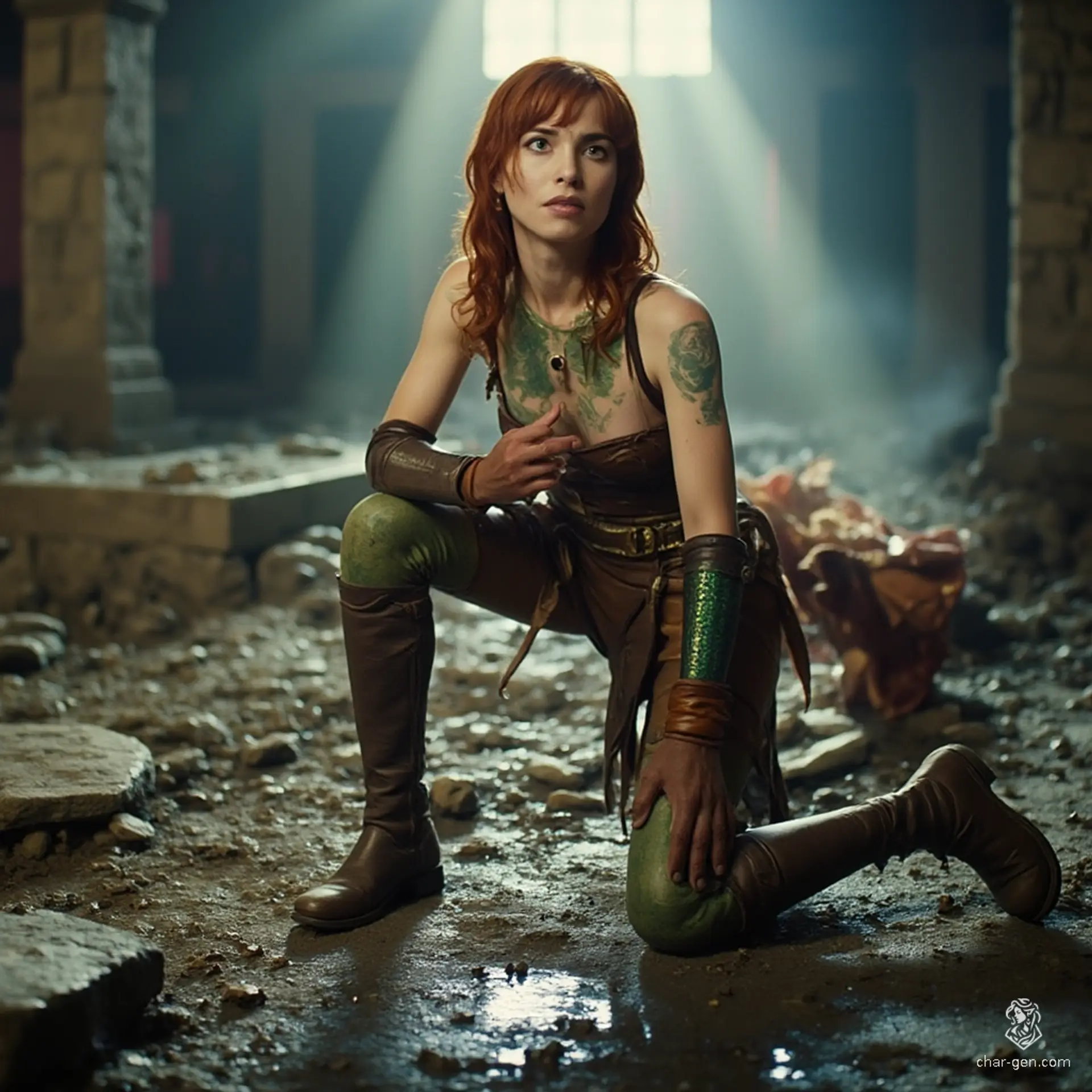 Izzy is a youthful yet seasoned halfling assassin, adept with a crossbow. With pale skin flecked with green scales and striking yellow-green eyes, she exudes a blend of competence and malice. Dressed in fitted leather armor and carrying poisons, her mischievous smile hints at the thrill of the hunt.