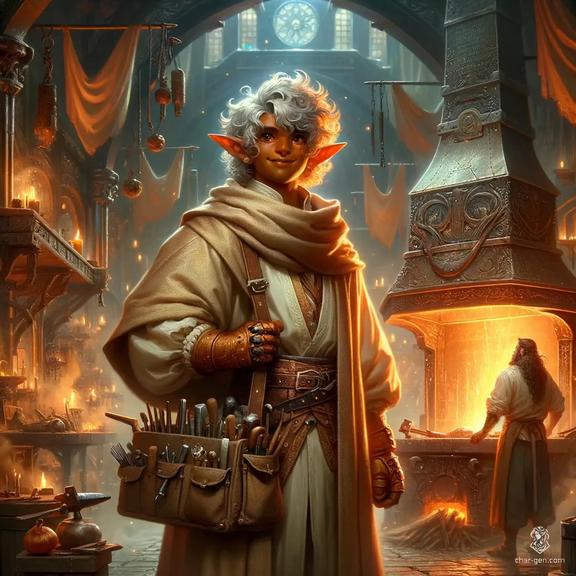 A youthful tiefling with vibrant orange skin and notable devilish features, like curled horns and a long tail, stands confidently in a flowing beige robe. His dark eyes sparkle with vitality as he juggles a toolkit and books, contrasting sharply with a tall, anxious figure beside him.