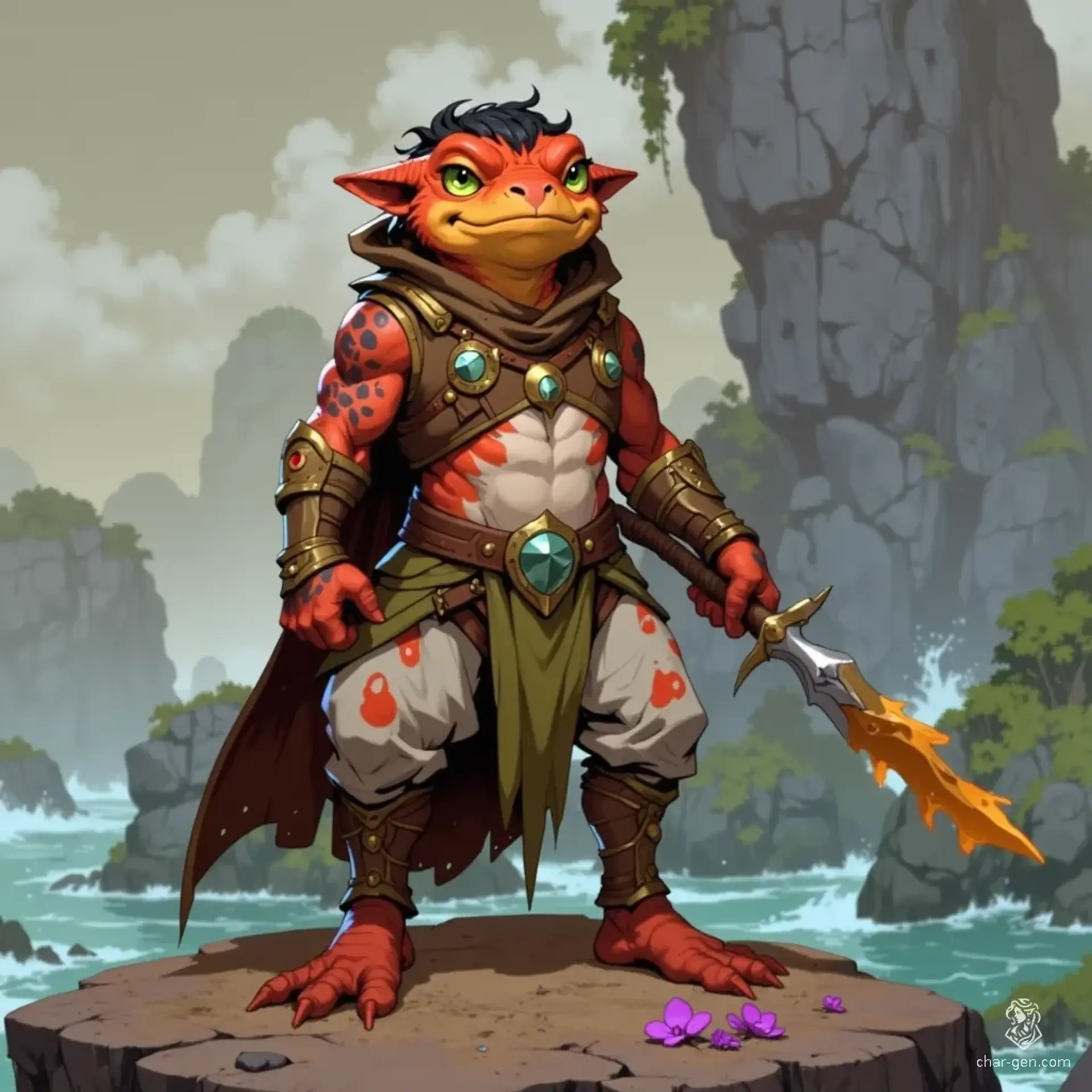A serene grung monk, this tiny, anthropomorphic frog-like creature radiates tranquility. His vibrant, colorful skin mirrors the beauty of nature, while his fluid posture and calm expression suggest a deep connection to his surroundings, embodying wisdom and grace in every movement.