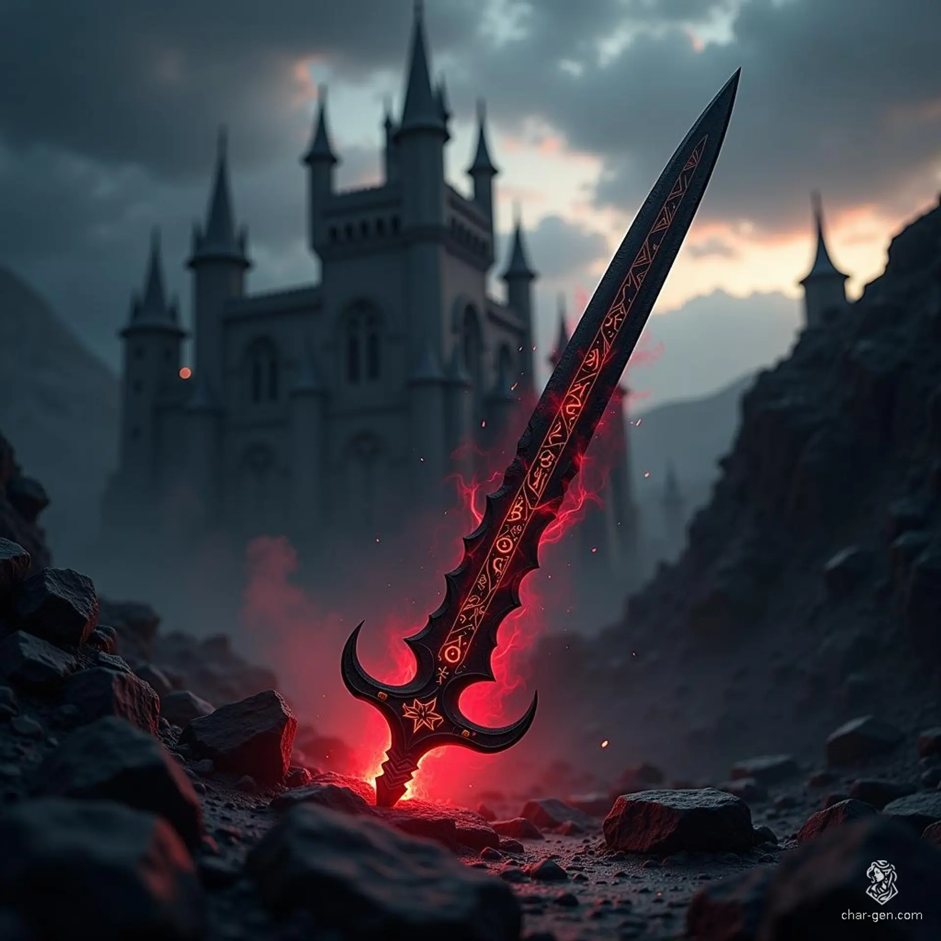 **Shadowrend: The Cursed Blade of the Forgotten King**  

Forged in despair and dark rituals, Shadowrend is an obsidian sword adorned with glowing red runes, pulsating with malevolent energy. This weapon grants immense power to its wielder but exacts a dreadful toll, consuming their soul and binding them to the Shadowfell’s eternal darkness.