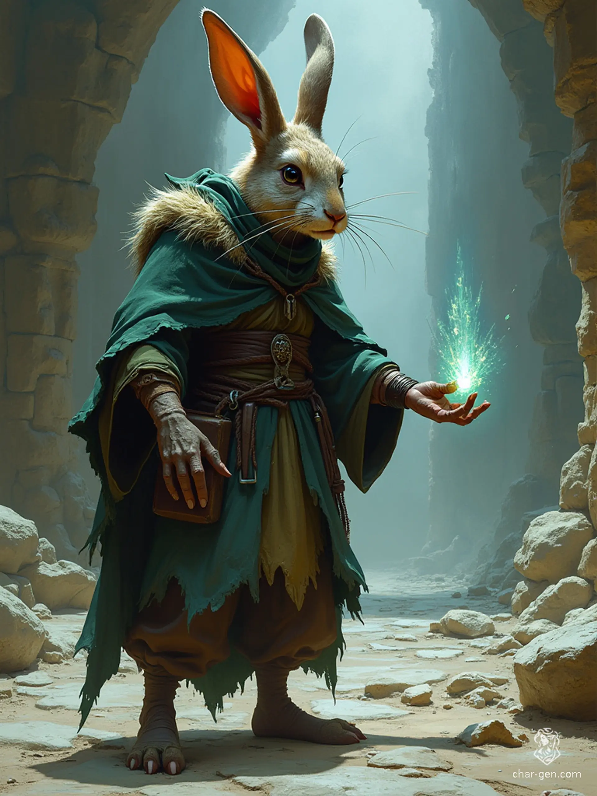 A small harengon sorcerer with a rabbit head, whiskers, long hare ears, and fur-covered face, exudes an aura of magic. Clad in enchanted garments adorned with arcane sigils, this rabbit-like humanoid wields powerful arcane abilities.
