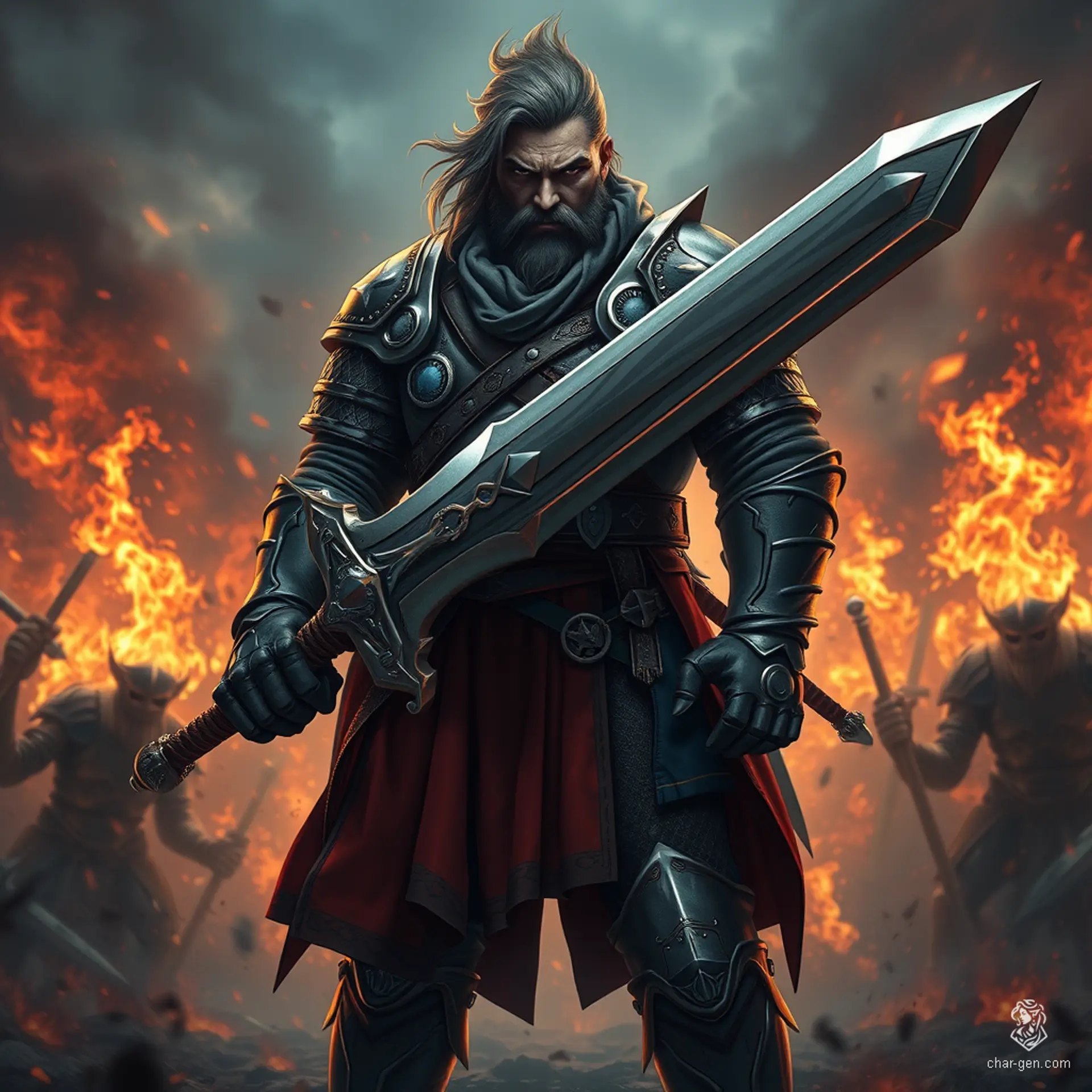 Sig Curtis is a towering warrior, standing at 2 meters with a robust frame. Clad in battle-worn half armor, he wields a stunning great sword adorned with glowing inlays. With a gloomy yet determined expression, he emanates a shadowy aura, ready to face the chaos of battle behind him.