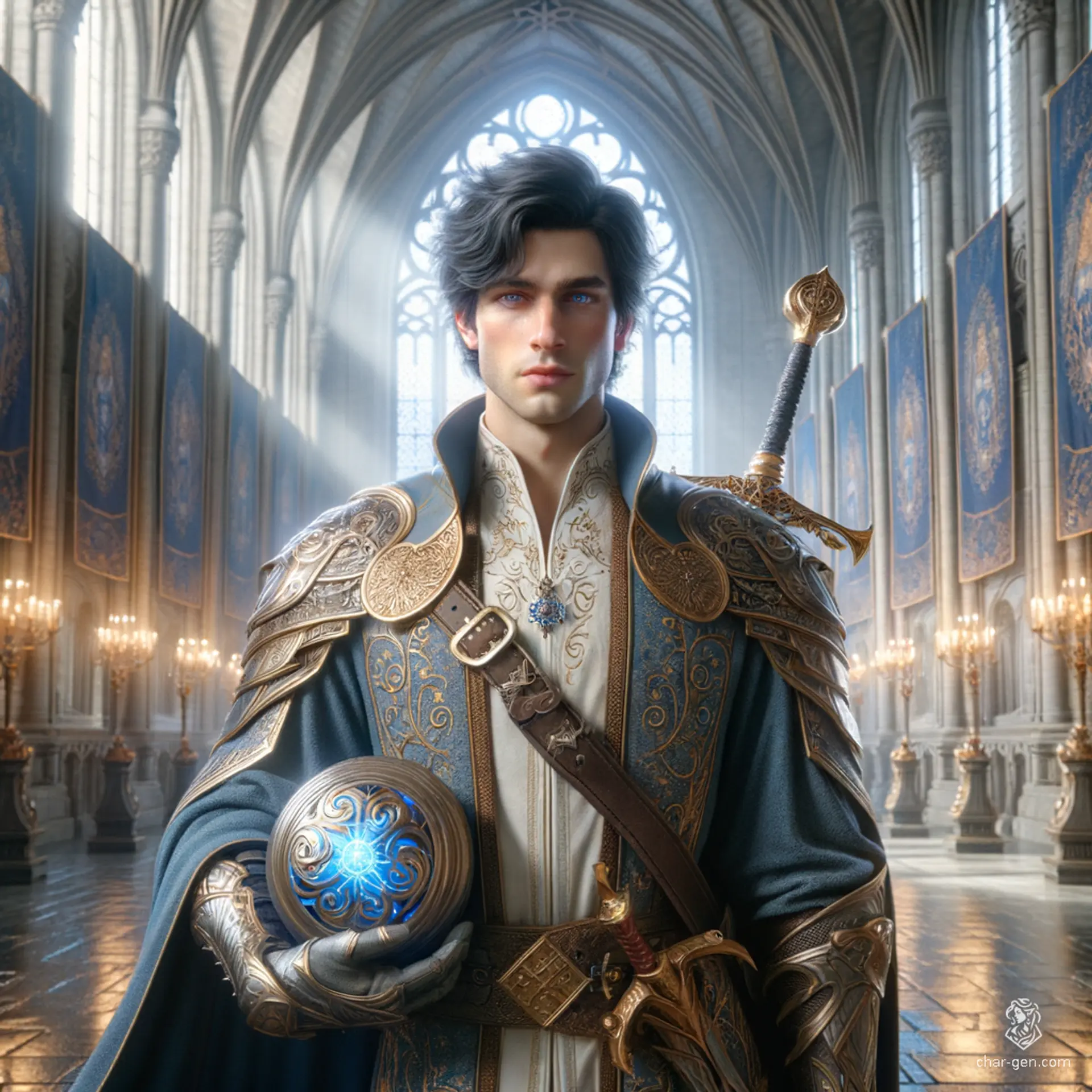 Dorian, a 21-year-old noble human, stands 6'1" tall with a medium build and pale skin. Wielding a longsword and protective shield, he's a confident battlemaster sorcerer with ice-blue eyes and black hair. Charismatic, intelligent, and imbued with unpredictable eldritch magic, he combines physical prowess with arcane might.