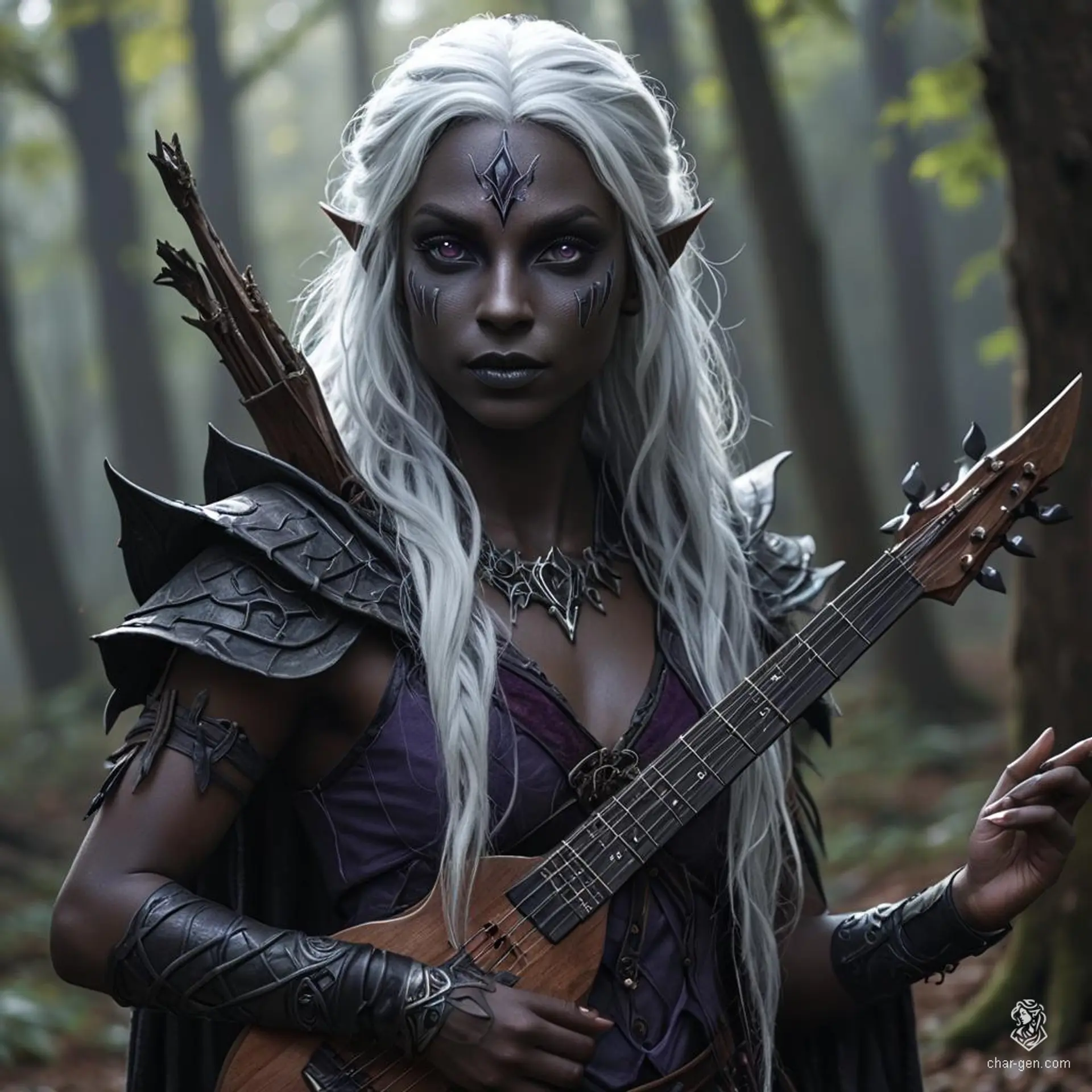 A striking Drow bard with distinct tan skin, contrasting sharply with wavy, long black hair and purple eyes. She carries a magical instrument, using expressive gestures to enchant her audience. Her white hair and grey-skinned heritage add to her captivating presence.