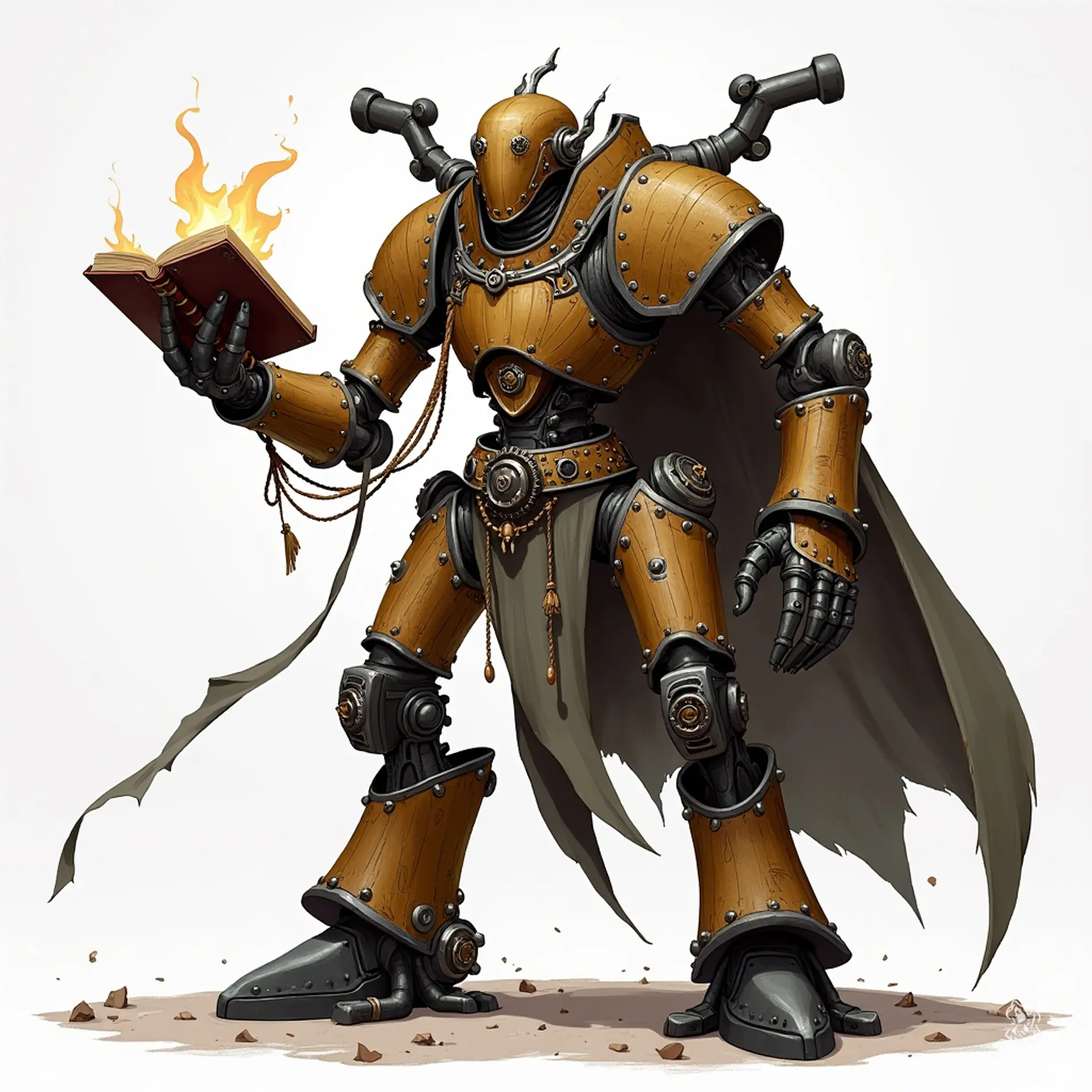A warforged wizard, this wooden and metal medieval fantasy robot is adorned with arcane sigils and enchanted garments. Powered by a blend of gears, pulleys, and magic, it wields a magical tome or staff, synergizing technology and sorcery.