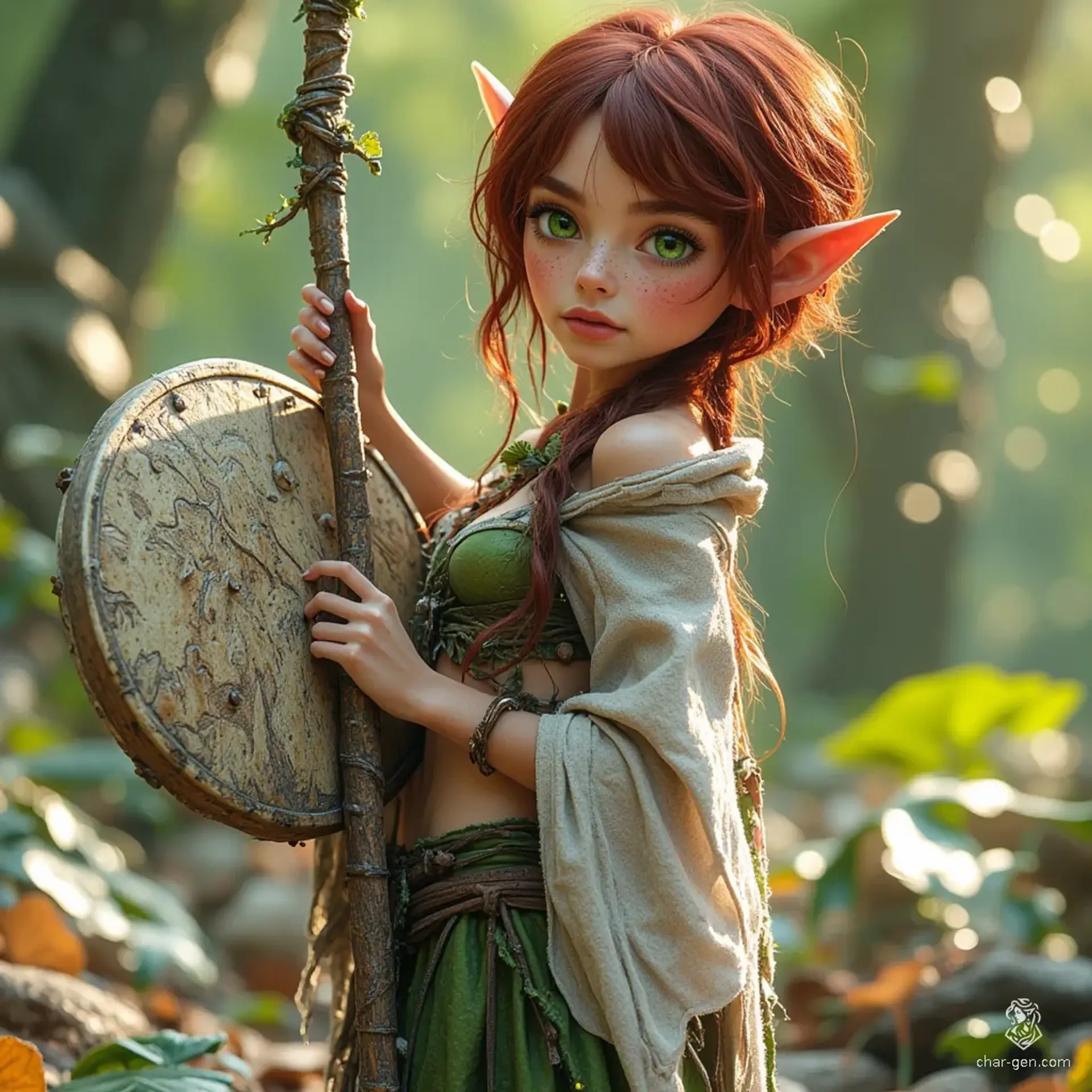 Slip, a spirited ghostwise halfling druid, stands at 3 feet tall with auburn pixie-cut hair and vibrant green eyes. Clad in rugged, mismatched fabrics and adorned with a magical Ring of Verdant Growth, she navigates the wilderness barefoot, embodying the harmony and resilience of nature. 