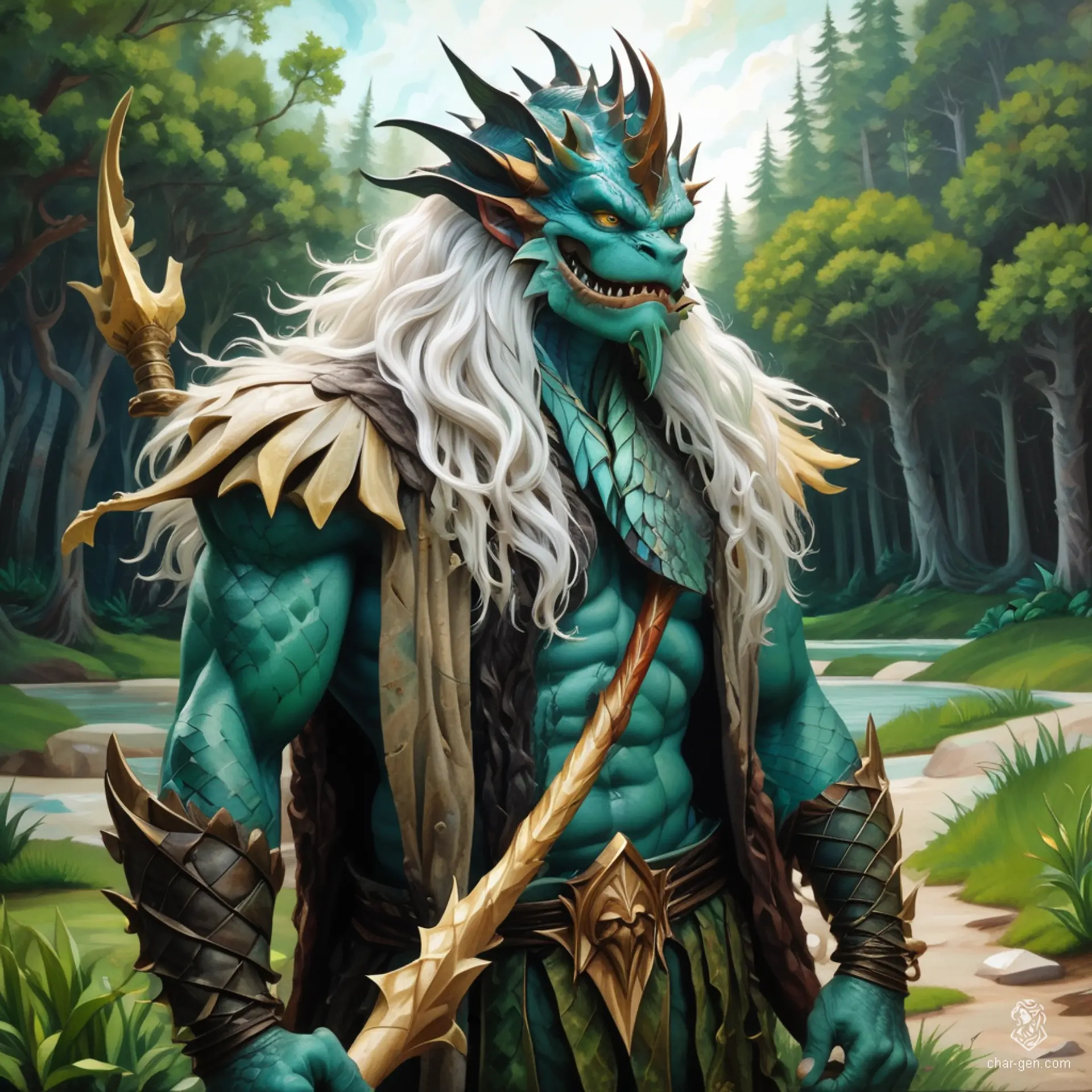 Milias Ixamath is a wise Druid triton, blending aquatic grace with earthy mystique. Standing 1.92m tall, his blue upper half transitions into scaly legs. Clad in dark green druidic garb, he wields a quarterstaff, keenly observing the natural world and recording his findings in a weathered book.