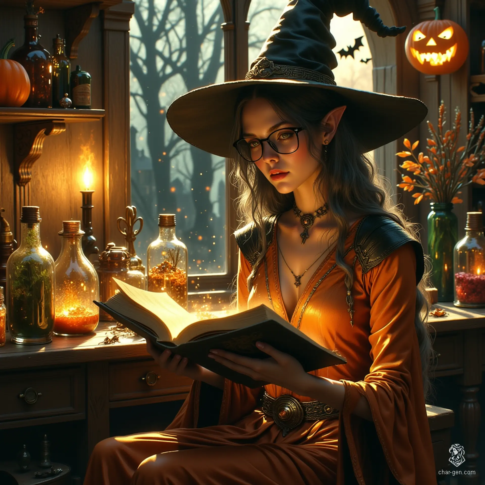 Maryam is a charming, older elf apothecary witch with a graceful, slender form and tanned skin adorned with the wisdom of wrinkles. Her tea-colored hair, streaked with grey, is tied back, while her topaz eyes sparkle with inquisitiveness. Surrounded by herbs and potions, she exudes a cozy, mystical aura, exuding competence and care.