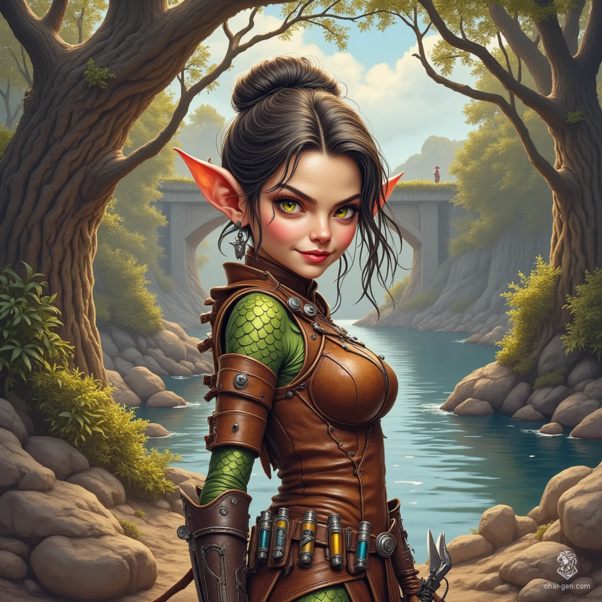 Izzy, a newly emancipated halfling assassin, blends youthful beauty with lethal skill. Standing 1.5 meters tall, her snake-like yellow-green eyes pierce the shadows as she readies her crossbow. Clad in tight brown leather armor, her shimmering green scales hint at her dangerous nature, while a sinister smile promises malice.