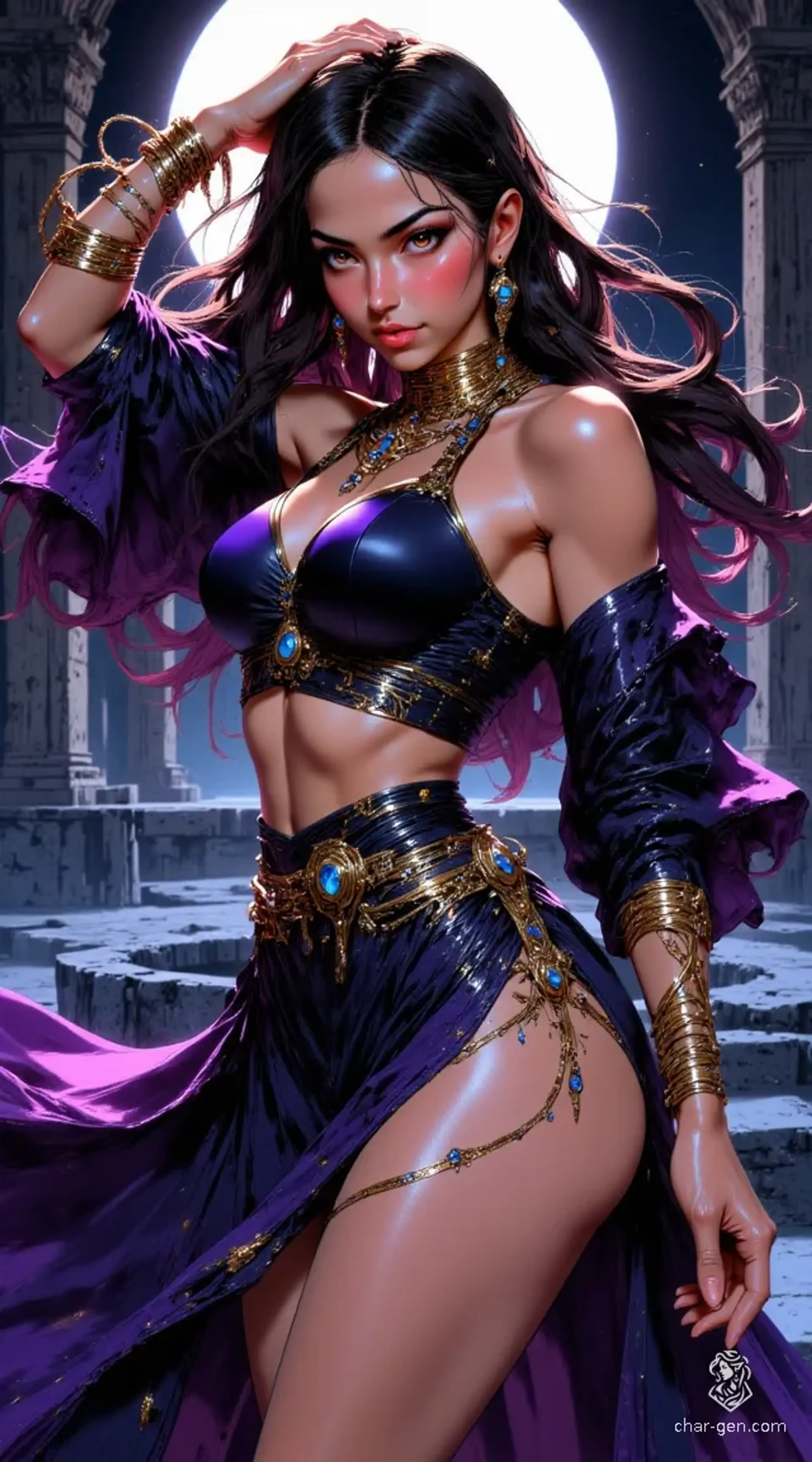 A captivating young dancer exudes confidence and allure, with gradient hair of purple, dark blue, and black. Adorned in a lavish purple outfit featuring gold accents and blue jewels, she moves gracefully against a backdrop of ancient ruins under a full moon, embodying the essence of a goddess.