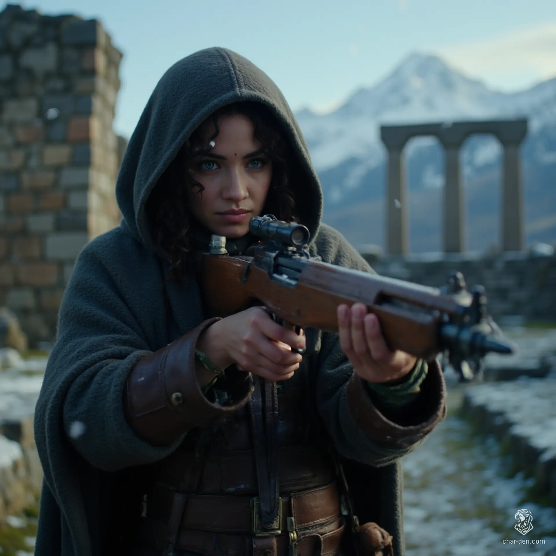 Izzy, a newly emancipated halfling assassin, combines lethal elegance with stealth. Her lithe form, adorned in dark leather and wool, features subtle green scales. With snake-like blue eyes and curly hair peeking from her hood, she expertly loads her crossbow, exuding both confidence and a hint of nervous tension as she awaits her prey amidst falling snow.