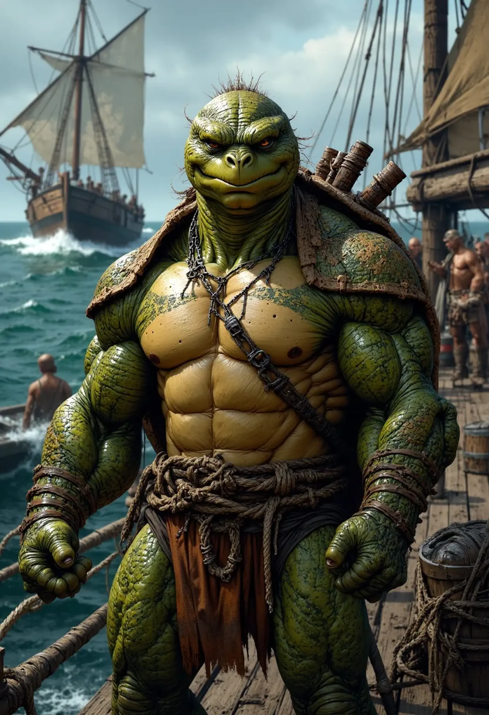 A rugged middle-aged tortle sailor with a bald head and weathered, green skin marked by frown lines. Sporting an eye patch, three pipes emerge from his upper back as he battles fierce waves on deck, expertly handling ropes and sails beneath a worn, natural shell.