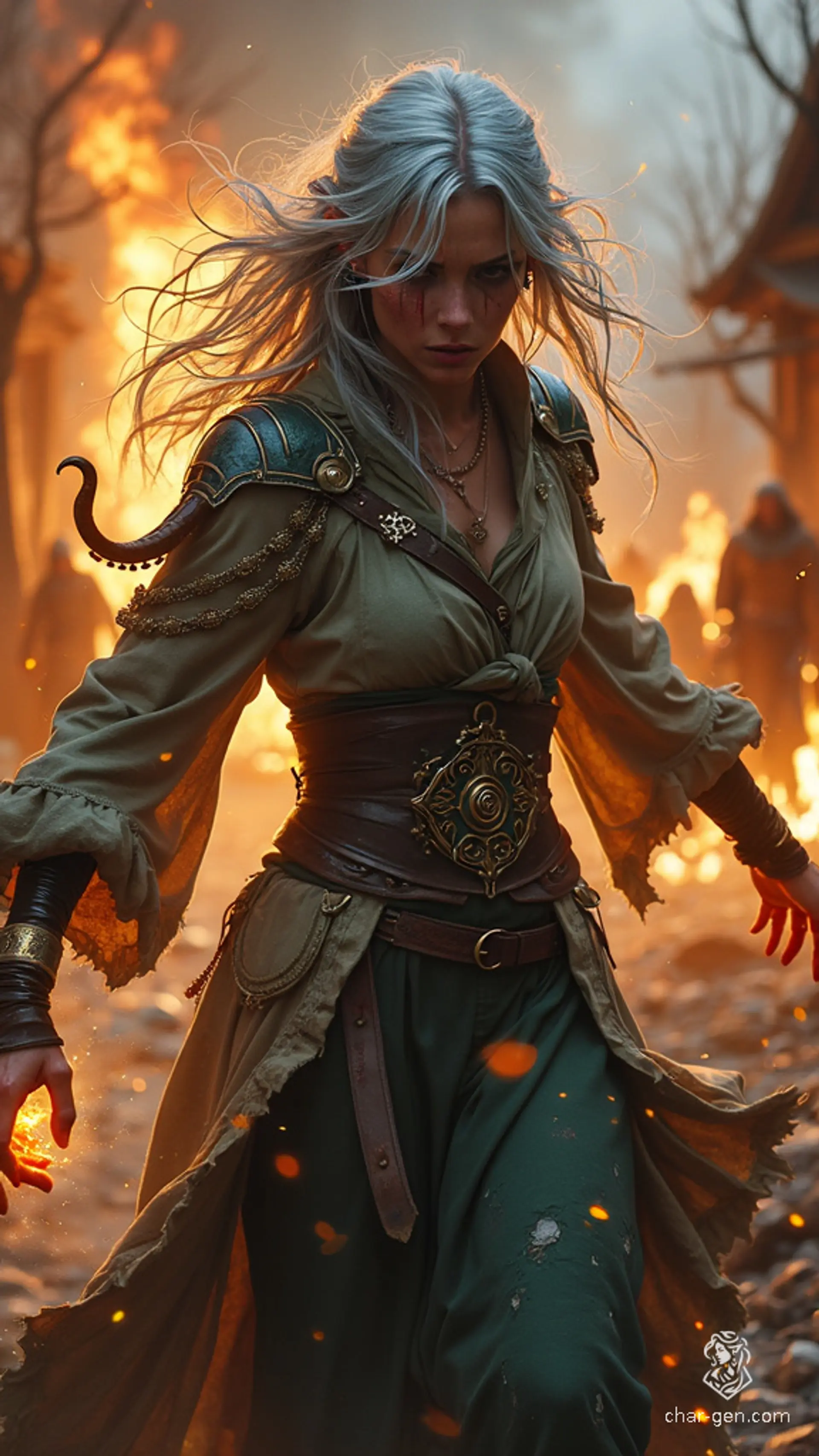 A powerful female Elf with gleaming silver-gray hair and soot-streaked face dons a tattered, battle-worn robe as her hands glow with magical energy, extinguishing village fires amid fleeing villagers. Her enchanted garments and arcane sigils radiate an aura of magic.