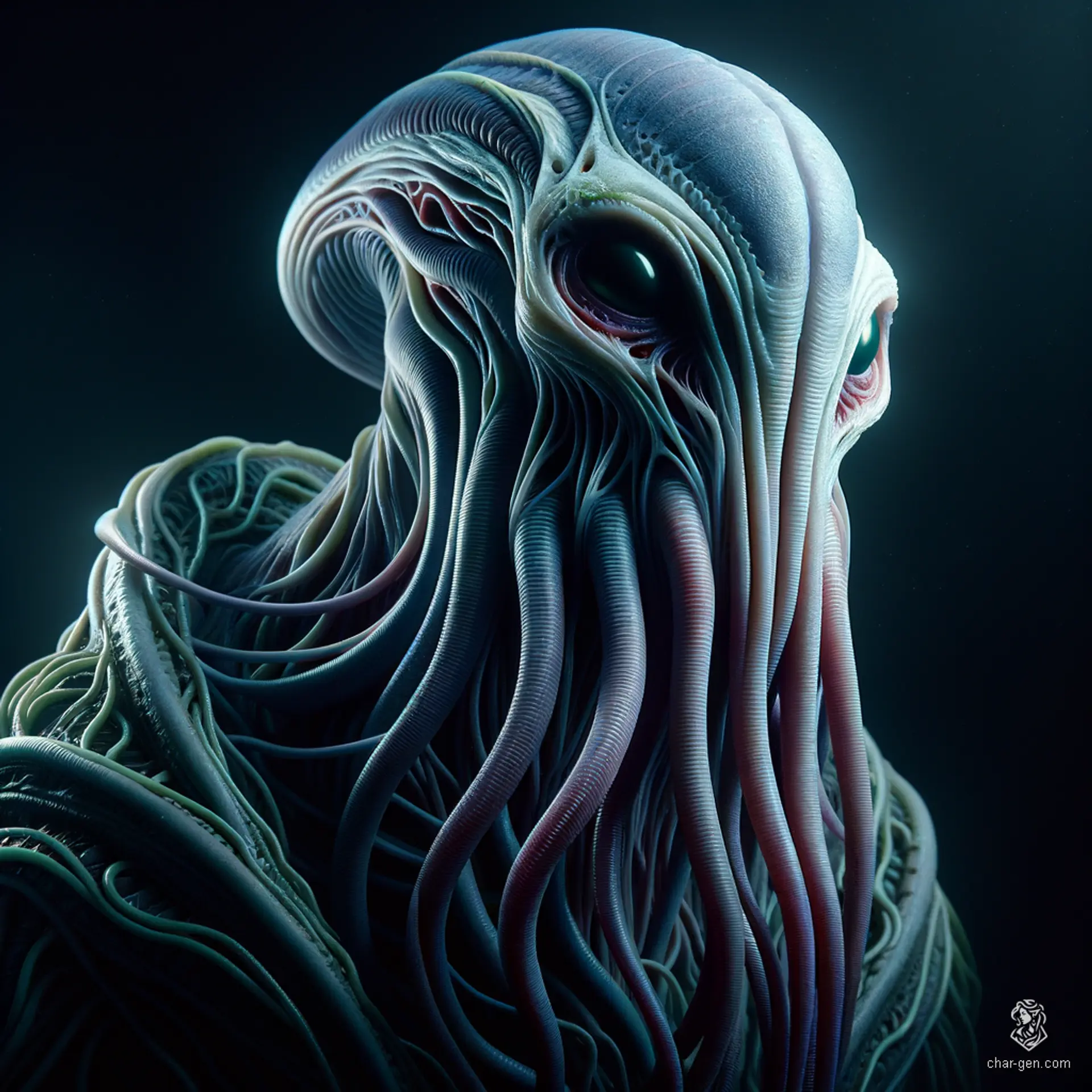 A photorealistic, hyper-detailed 4K depiction of an illithid—an ominous, squid-faced mind flayer with glistening tentacles and piercing, intelligent eyes. This high-resolution fantasy entity exudes eerie intelligence and dark psychic power, rendered with striking color and lifelike texture.