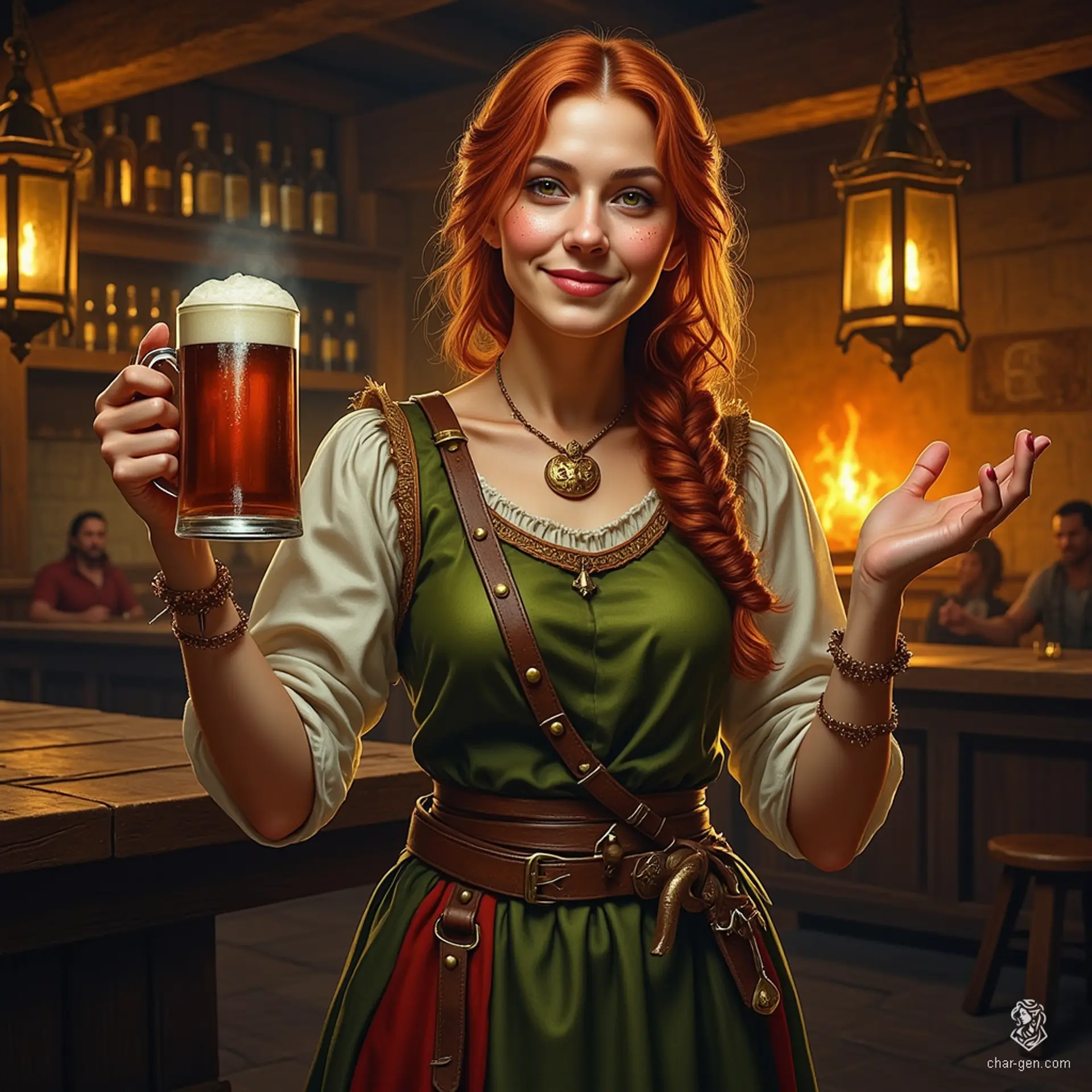 Mira Goldleaf, an enchanting halfling innkeeper, radiates warmth from her bustling tavern. With curly auburn hair, freckled cheeks, and sparkling hazel eyes, she captivates patrons with tales and laughter. Dressed in a practical, earthy gown, she expertly manages the lively atmosphere, ensuring everyone feels at home.