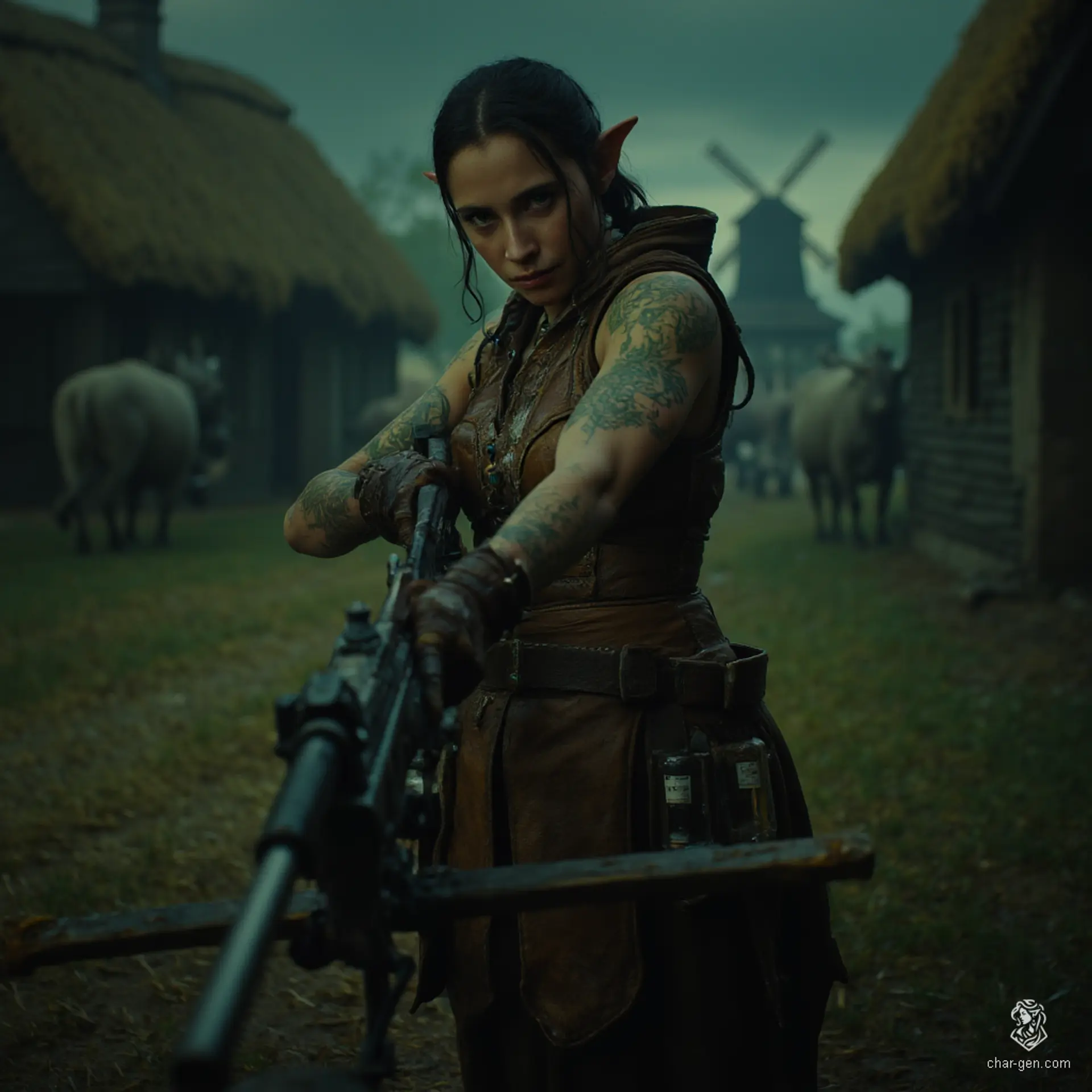 Izzy is a skilled halfling assassin, standing at 1.5 meters with a graceful yet formidable presence. Her medium-toned skin boasts subtle green scales, while her striking yellow-green eyes reflect a predatory focus. Clad in tight brown leather armor, she expertly wields a heavy crossbow, embodying the thrill of the hunt.