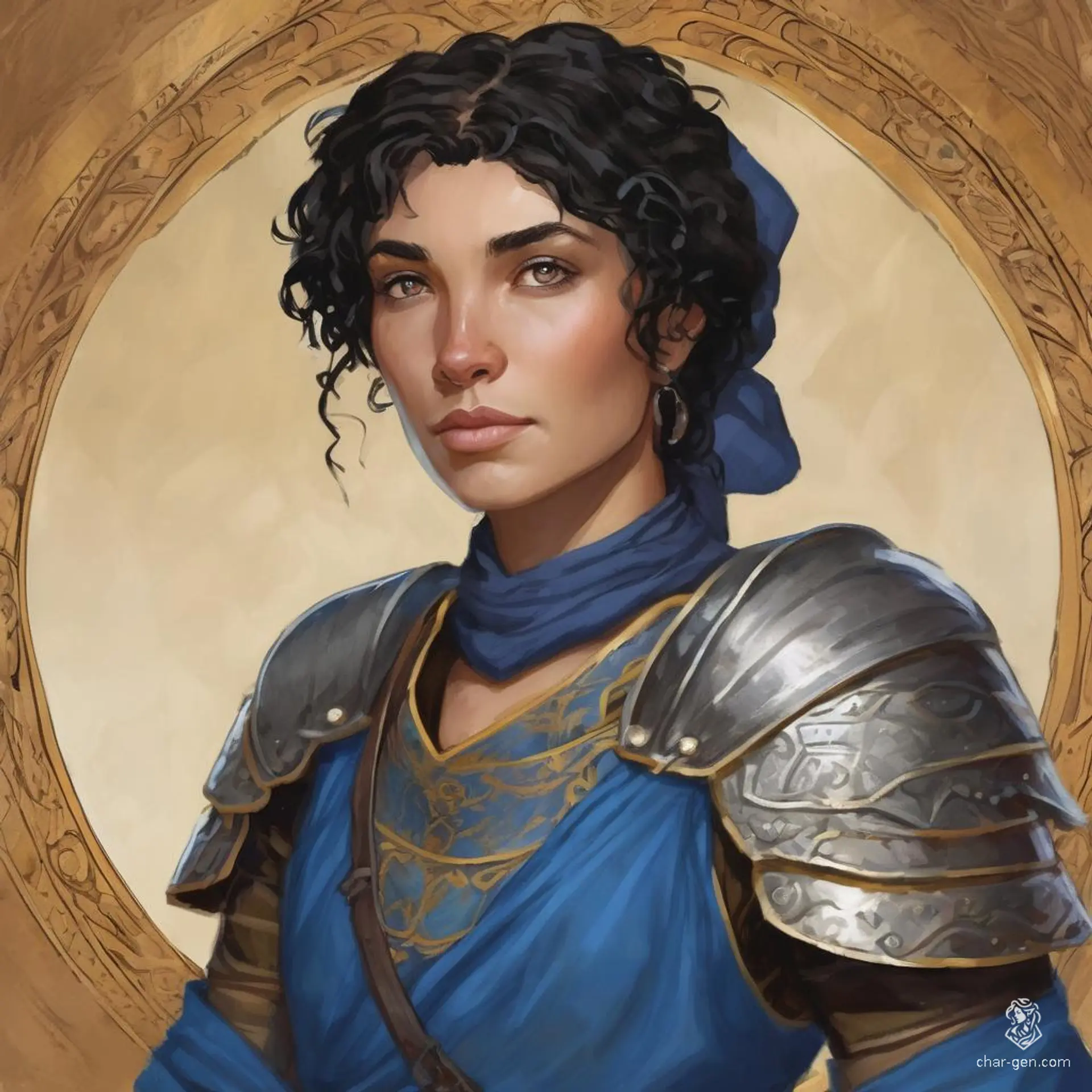 Kitiara Uth Matar is a formidable human warrior from the Dragonlance setting, marked by her short black wavy hair and blue bandana. Her adorned plate armor reflects both her martial prowess and commanding presence, making her a striking and authoritative figure.