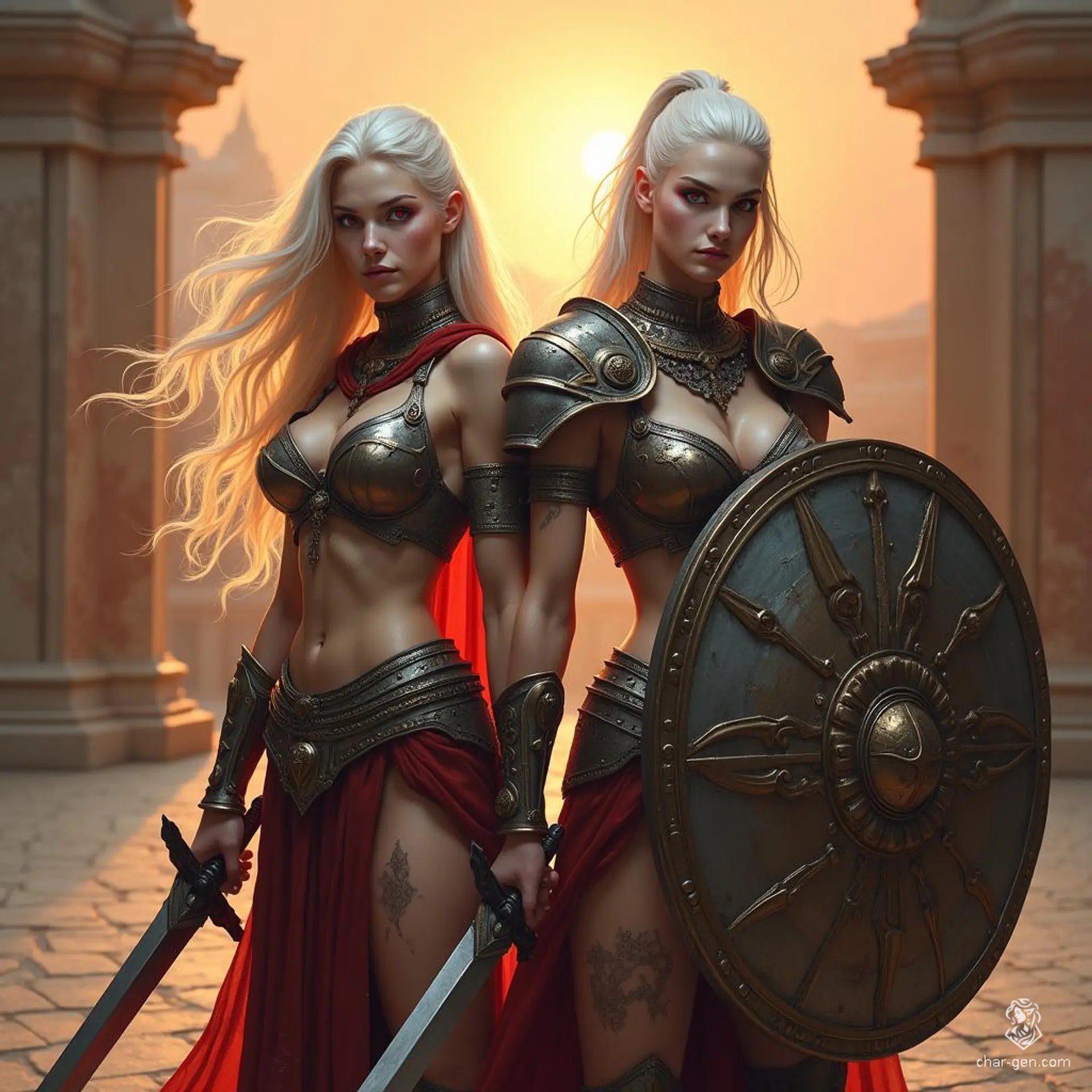 In a grand ancient gladiator arena, two formidable Drow sisters prepare for battle. The tall, fierce warrior brandishes dual swords, her flowing white hair and piercing red eyes radiating strength. Beside her, the stocky, scarred sister stands resolute with a battered shield, embodying resilience and unity in the face of danger.