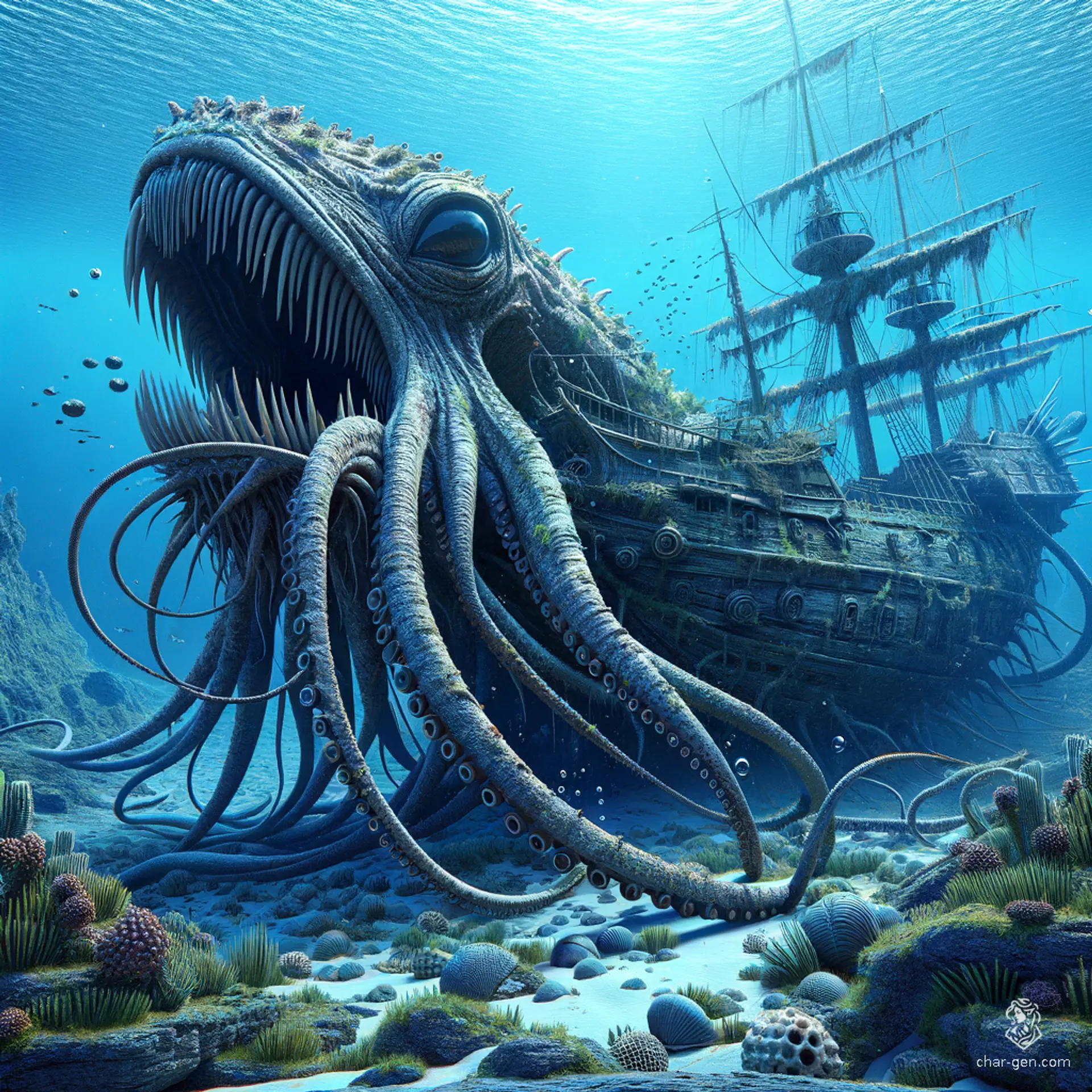 The Kraken is an immense sea monster with colossal tentacles and a formidable beak-like mouth. Dwelling in the ocean's depths, it surfaces to wreak havoc on ships, pulling them into the watery abyss with its terrifying strength.
