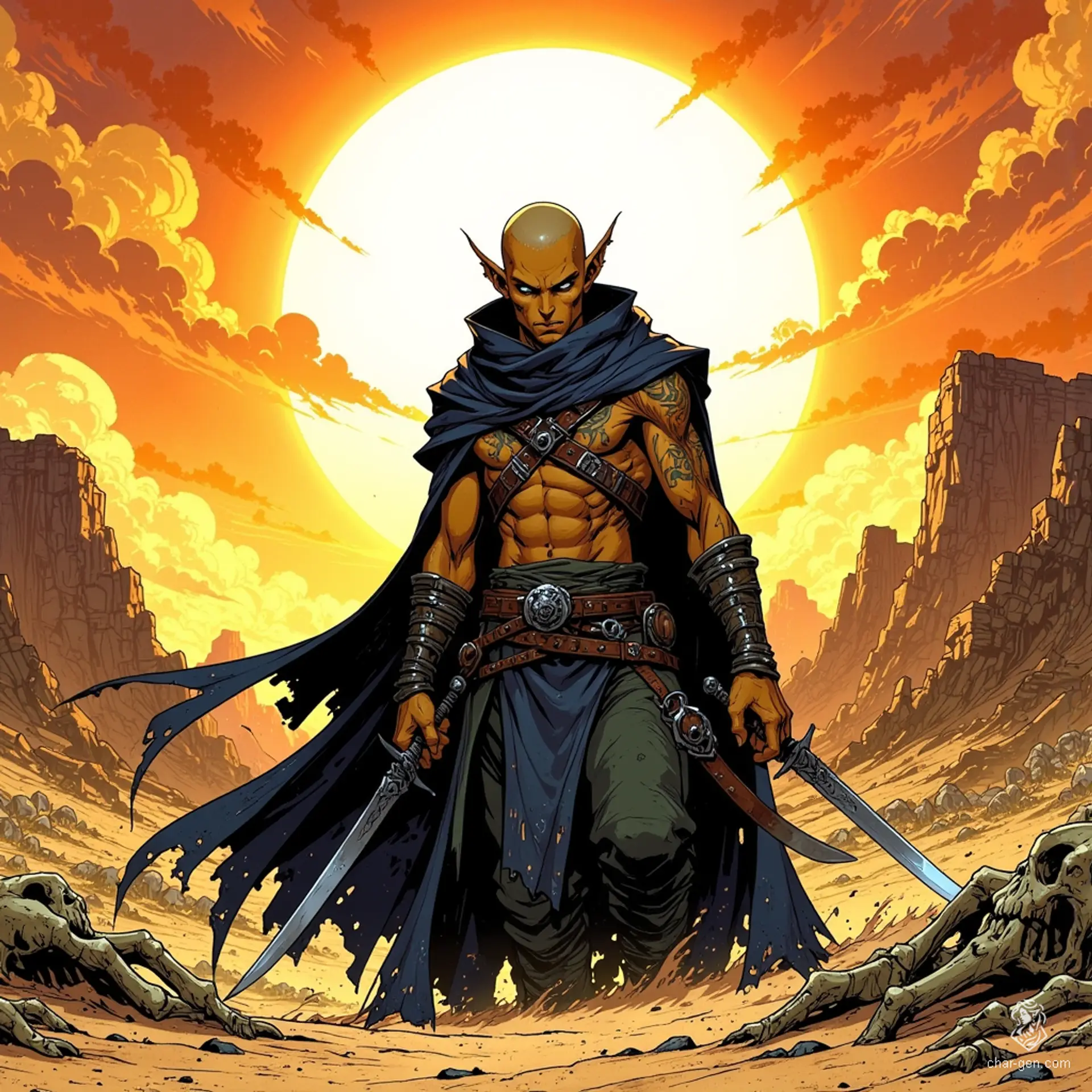 A cunning male assassin, this naga warrior blends seamlessly into the shadows with his dark attire. His balding head complements his serpentine lower body and elf-like torso, adorned with intricate tattoos and shimmering scales. Armed with concealed daggers, his lethal presence is both stealthy and dangerous.