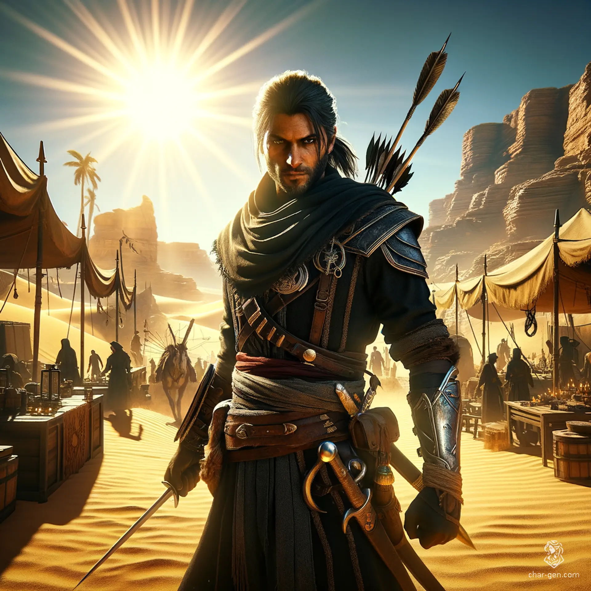 In a bustling desert camp under a clear sunny sky, stands a dark-skinned male ranger with a keen eye, dressed in stealthy dark clothing. At 40, his blue eyes and ponytail mark him as an experienced assassin, armed with concealed daggers and twin swords, exuding confidence.