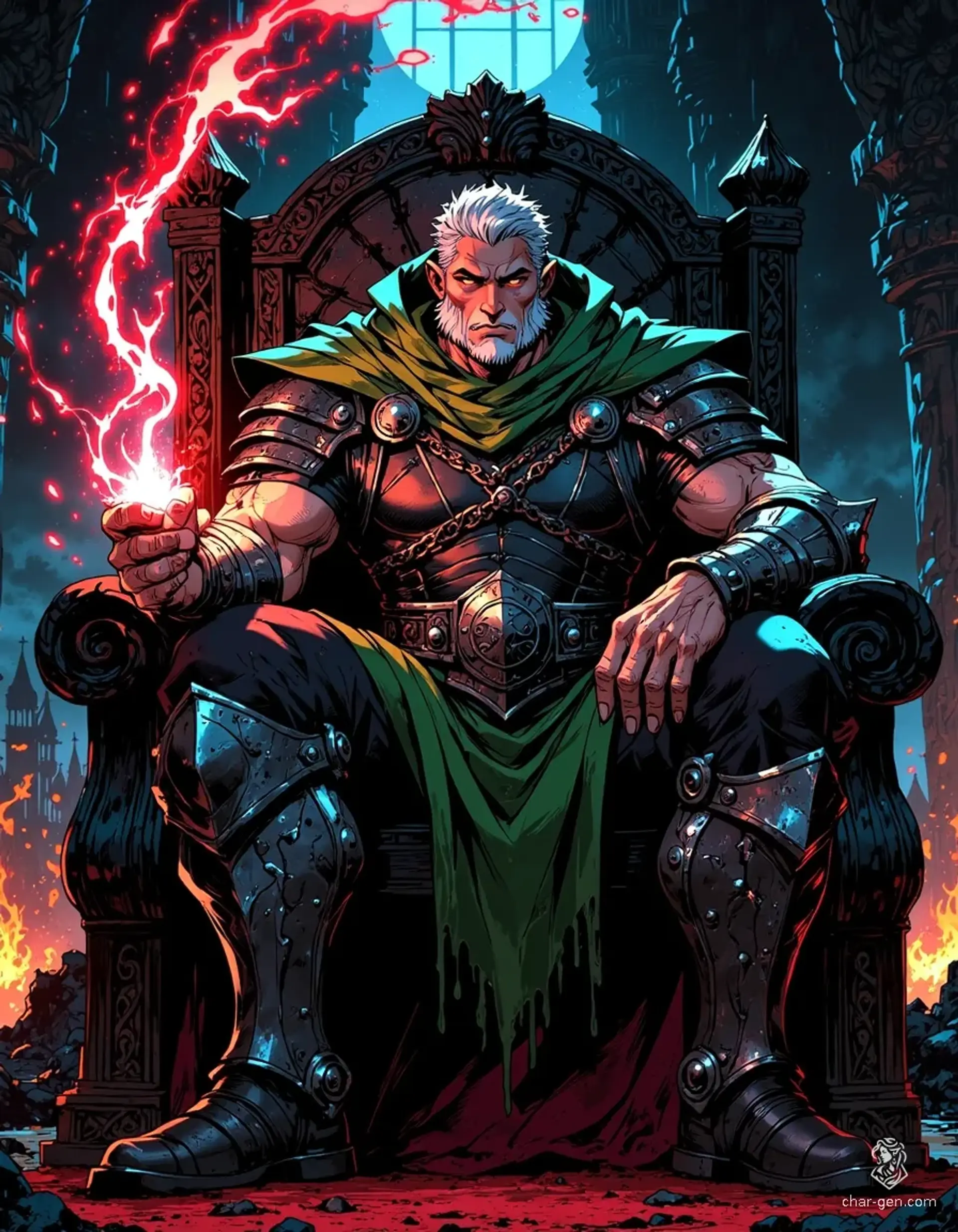 A hulking, muscular king, 50 years old, exudes menace from his bone throne. Wrinkles and frown lines hint at a lifetime of burdens. Clad in dark armor beneath a tattered green cloak, he conjures sparks of red lightning, a master of dark power in a torch-lit throne room.