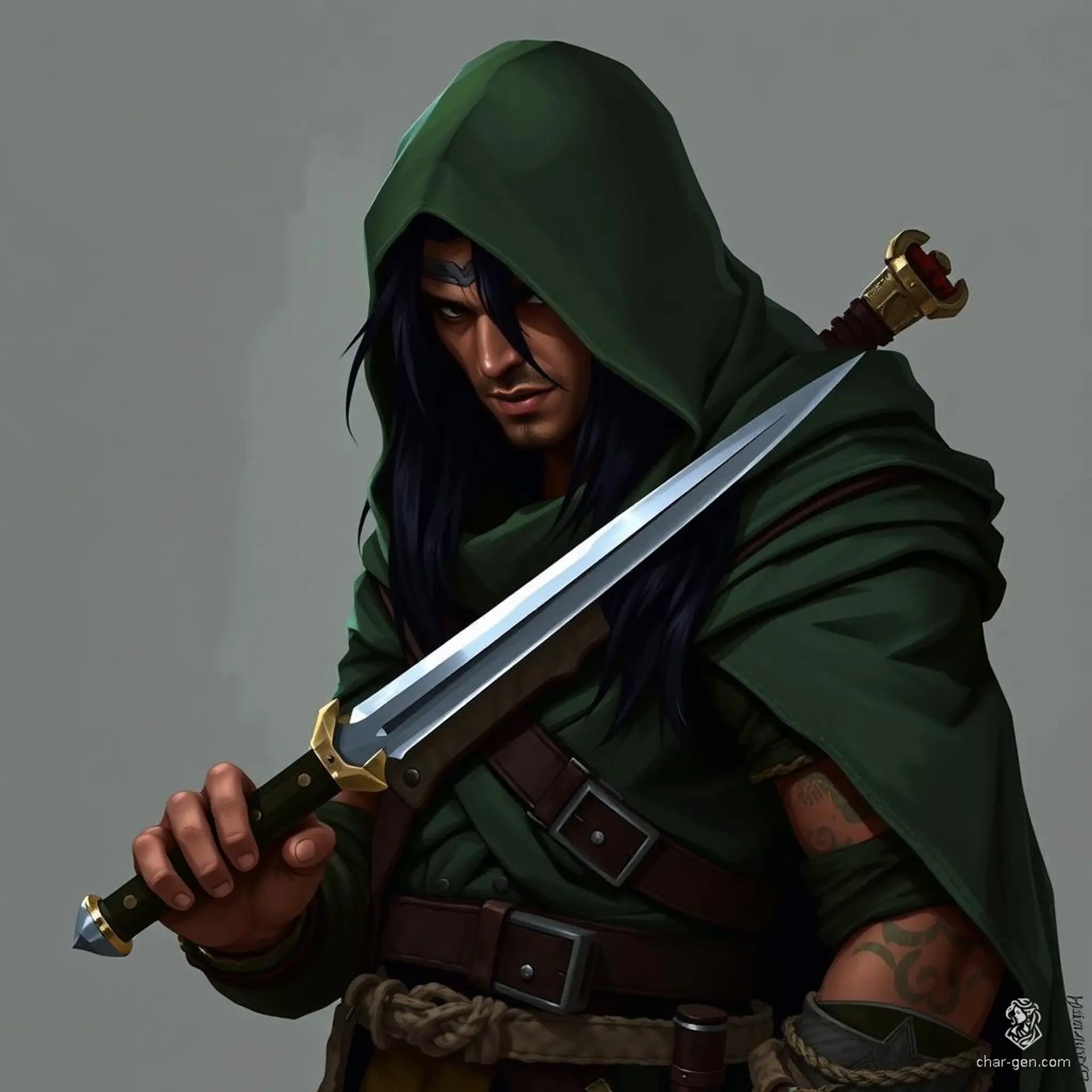 Shadowed and stealthy, this male half-orc rogue moves through the night cloaked in a green hood. With long black hair cascading beneath, he wields a short sword and dagger, lurking in the darkness, poised to strike. His hidden face reveals a master assassin, blending brutality with cunning.